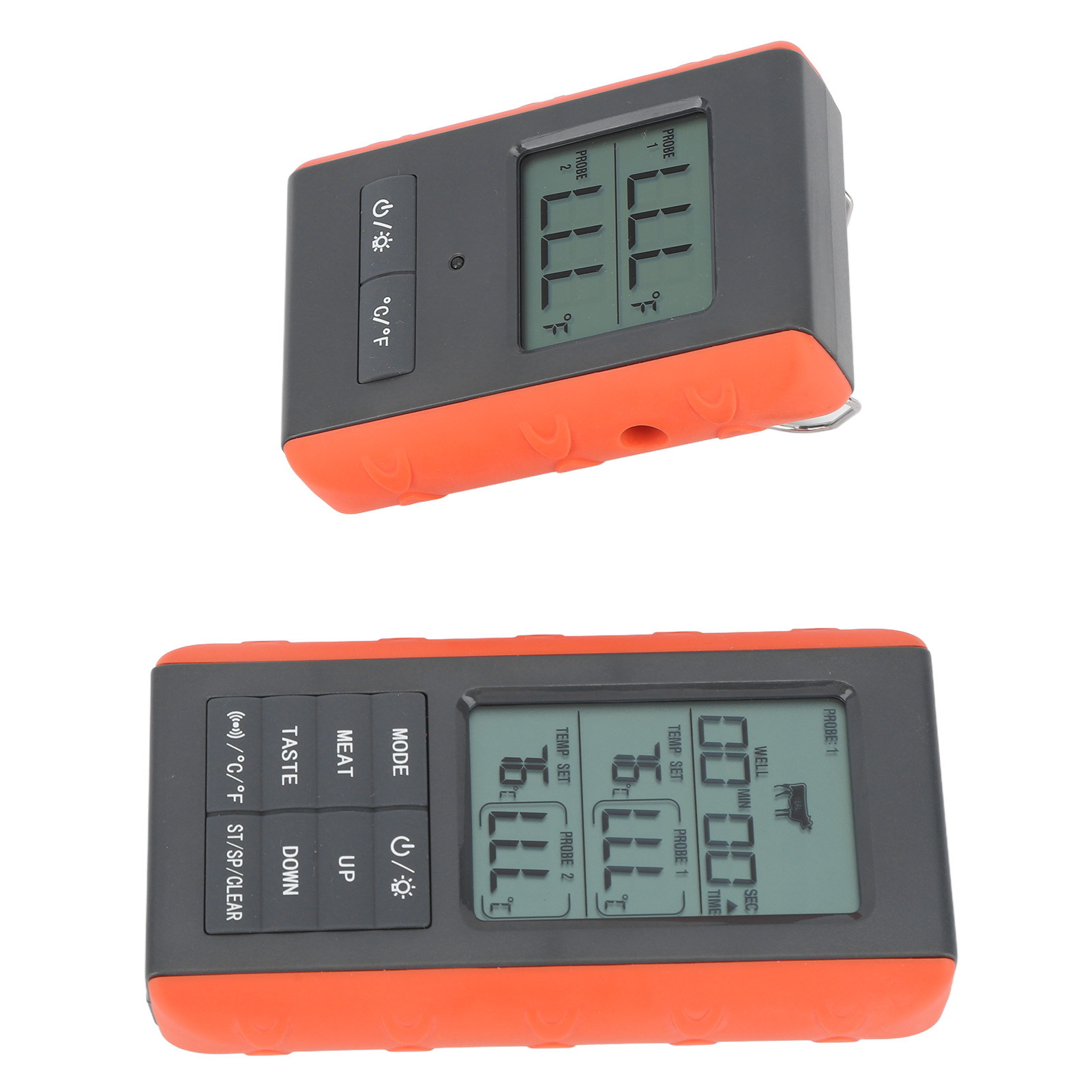 Zwei digitale Thermometer mit orangefarbenen und grauen Gehäusen. Anzeigen zeigen Temperaturmesswerte und Einstellungen. Knöpfe zur Steuerung.