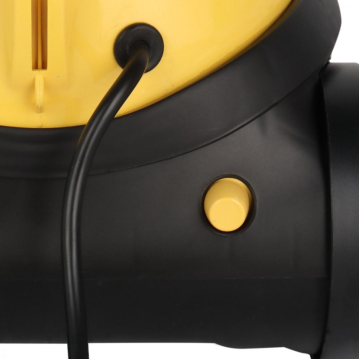 Nahaufnahme eines schwarz-gelben Elektrowerkzeugs. Ein schwarzes Kabel erstreckt sich von oben. Ein gelber Knopf befindet sich am schwarzen Gehäuse.