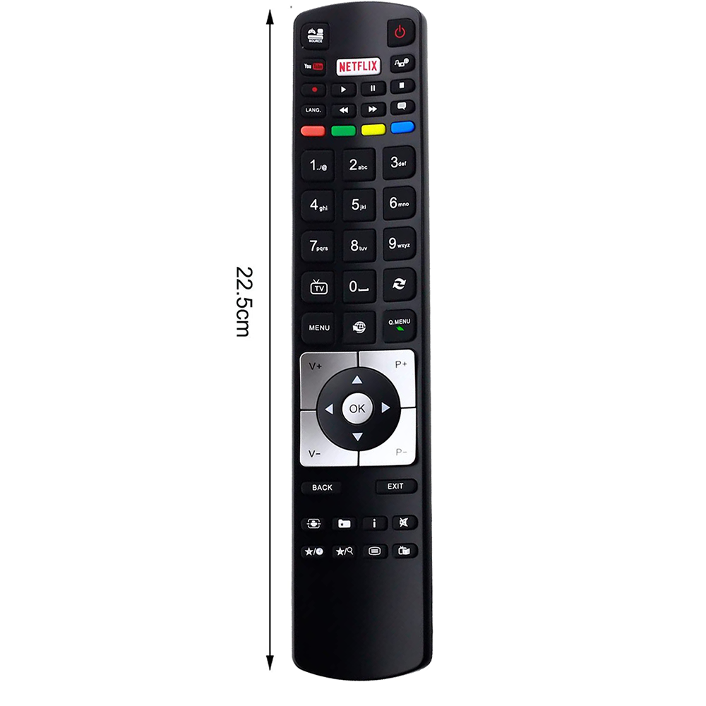 Schwarze TV-Fernbedienung mit Tasten, Netflix-Logo und einer Messung von 22,5 cm. Tasten umfassen Zahlen, Lautstärke- und Richtungstasten.