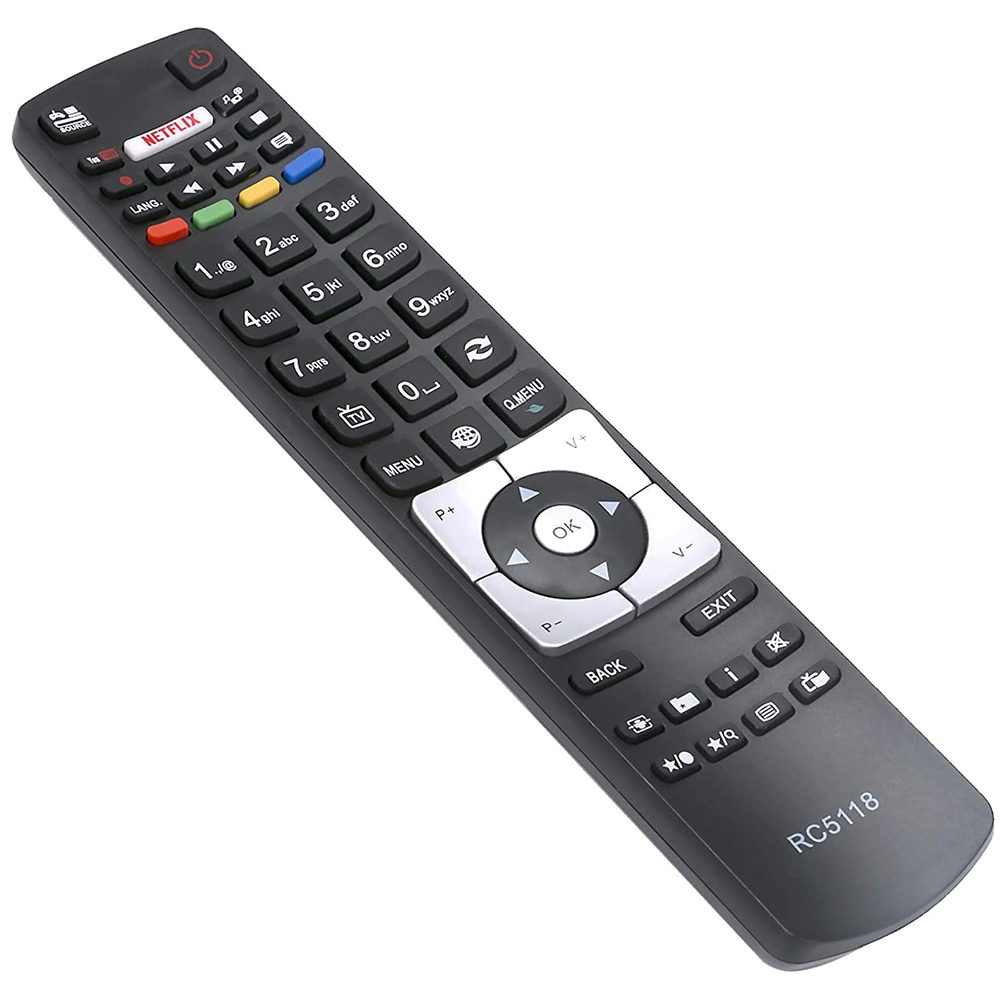 Eine schwarze Fernbedienung mit vielen Tasten, darunter Netflix, Lautstärke- und Kanaltasten, vor weißem Hintergrund.