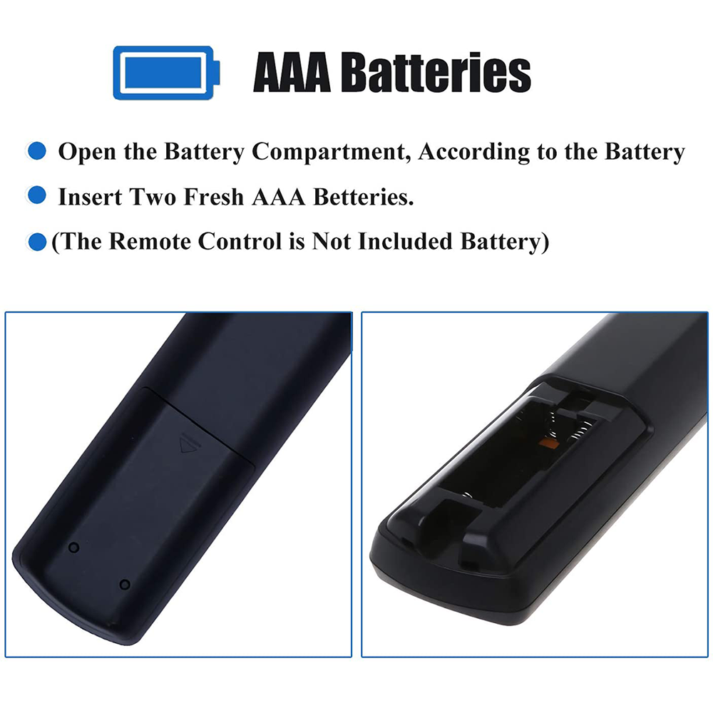 Anweisungen: Batteriefach öffnen, 2 AAA-Batterien einlegen. Die Fernbedienung wird mit geöffnetem und geschlossenem Batteriefach gezeigt.