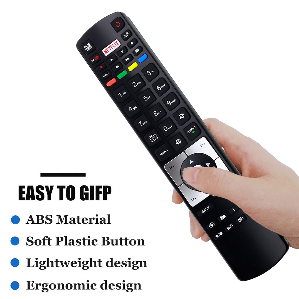 Eine schwarze Fernbedienung mit Knöpfen wird von einer Hand gehalten. Die Fernbedienung hat eine Netflix-Taste und Text: 'Easy to GIFP'.