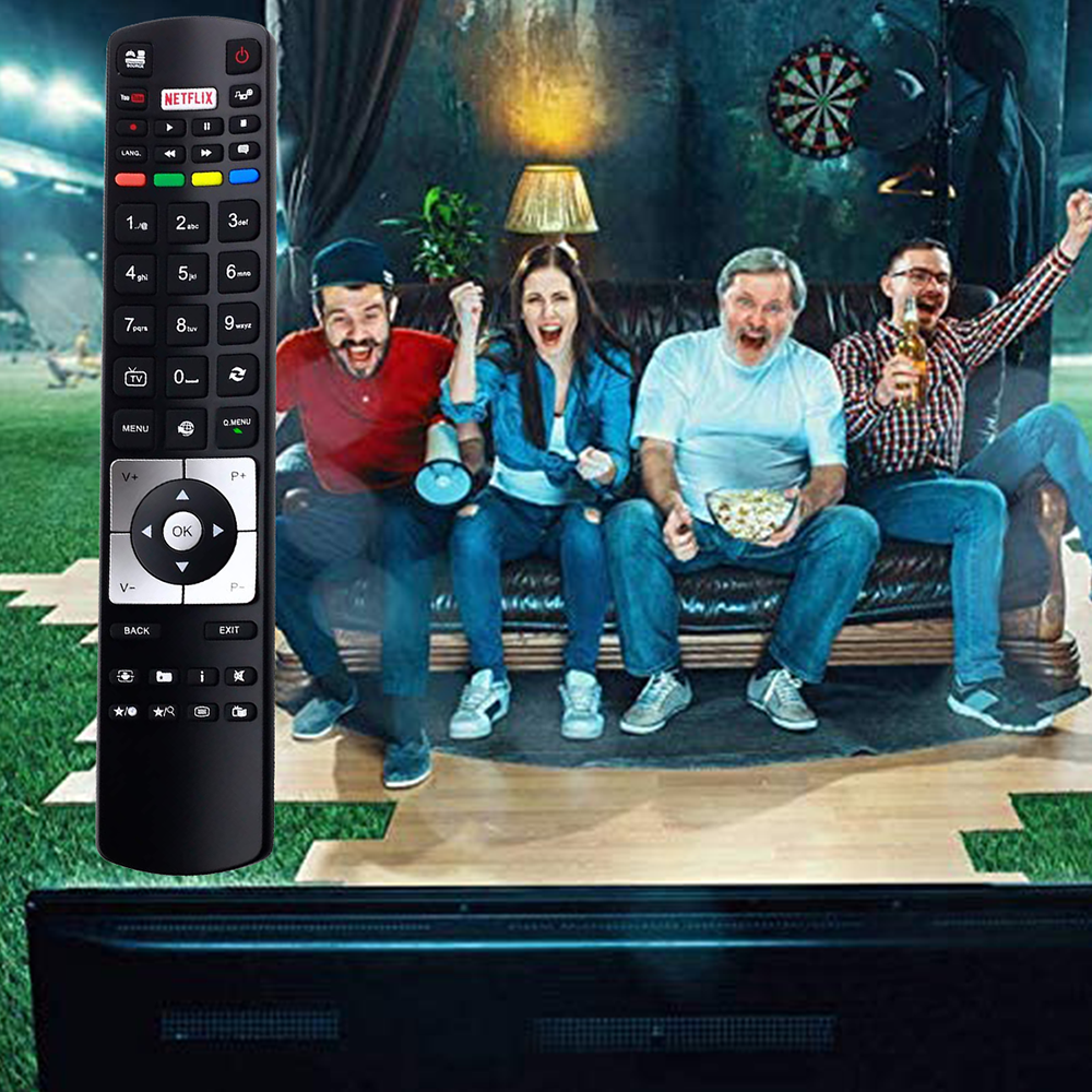 Eine TV-Fernbedienung links. Vier Personen jubeln beim Fernsehen. Eine Dartscheibe im Hintergrund.
