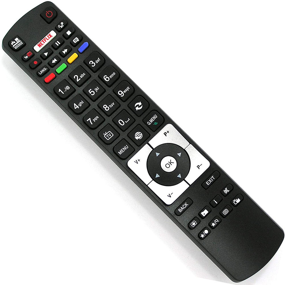 Eine schwarze Fernbedienung mit vielen Knöpfen, darunter Zahlen, Netflix und Lautstärkeregler, auf weißem Hintergrund.