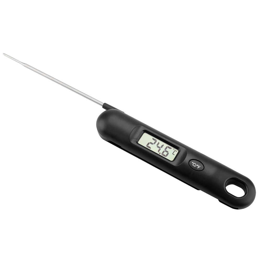 Ein schwarzes digitales Lebensmittelthermometer mit Metallsonde, das 24,6 Grad anzeigt. Es hat ein Loch zum Aufhängen und eine C/F-Taste.