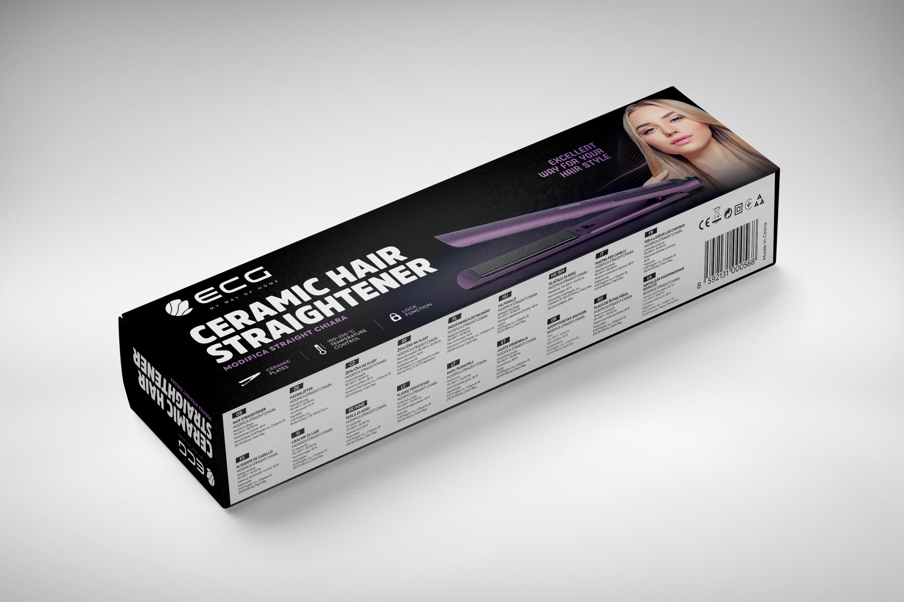 Verpacktes ECG Keramik-Haarglätteisen, lila Gerät sichtbar, Frauenbild. Text: Ausgezeichnete Art für Ihren Haarstil.