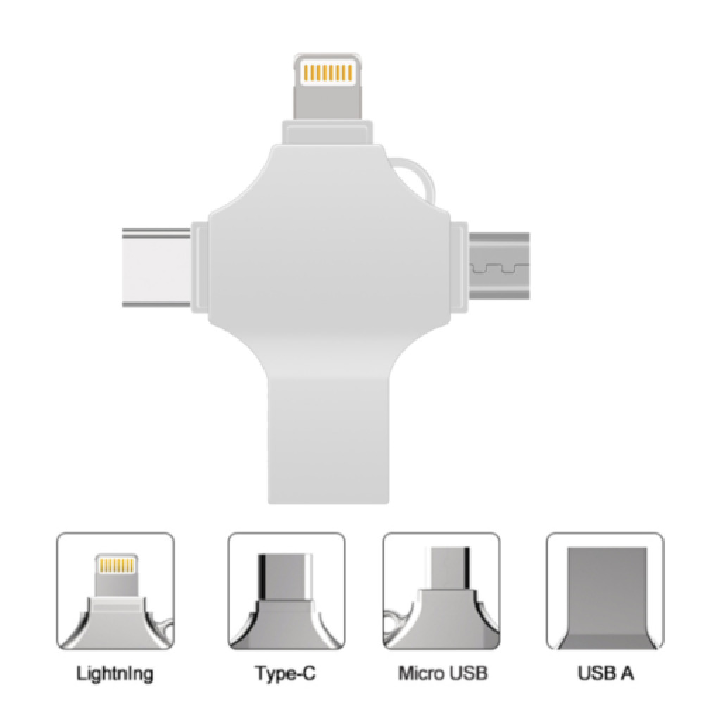Ein weißer Multi-Connector mit Lightning-, Typ-C-, Micro-USB- und USB-A-Anschlüssen. Symbole der Anschlüsse befinden sich unten.