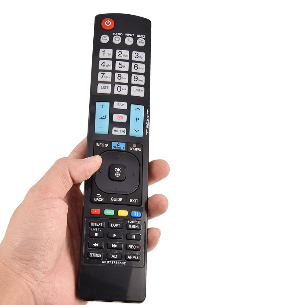 Eine Hand hält eine schwarze TV-Fernbedienung mit verschiedenen Tasten. Die Fernbedienung ist mit Zahlen, Funktionen und einer Power-Taste beschriftet.