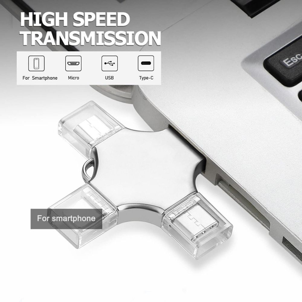 Ein silberner USB-Adapter ist mit einem Laptop verbunden. Er hat Anschlüsse für Smartphone, Micro, USB und Typ-C. Der Text 'High Speed Transmission' steht darüber.