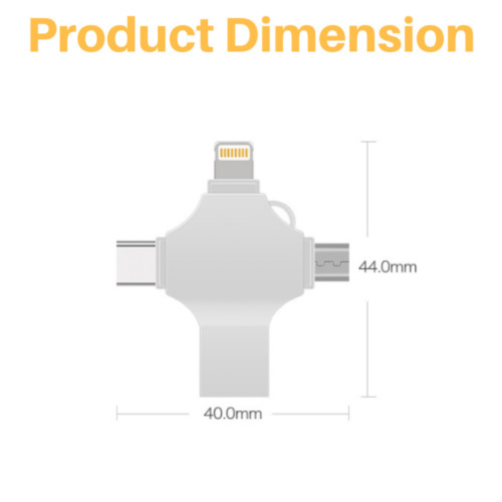 Ein weißer Multi-Port-Adapter mit Lightning-, USB-C- und Micro-USB-Anschlüssen. Beschriftete Abmessungen sind 40,0 mm und 44,0 mm. Text: Produktabmessung.