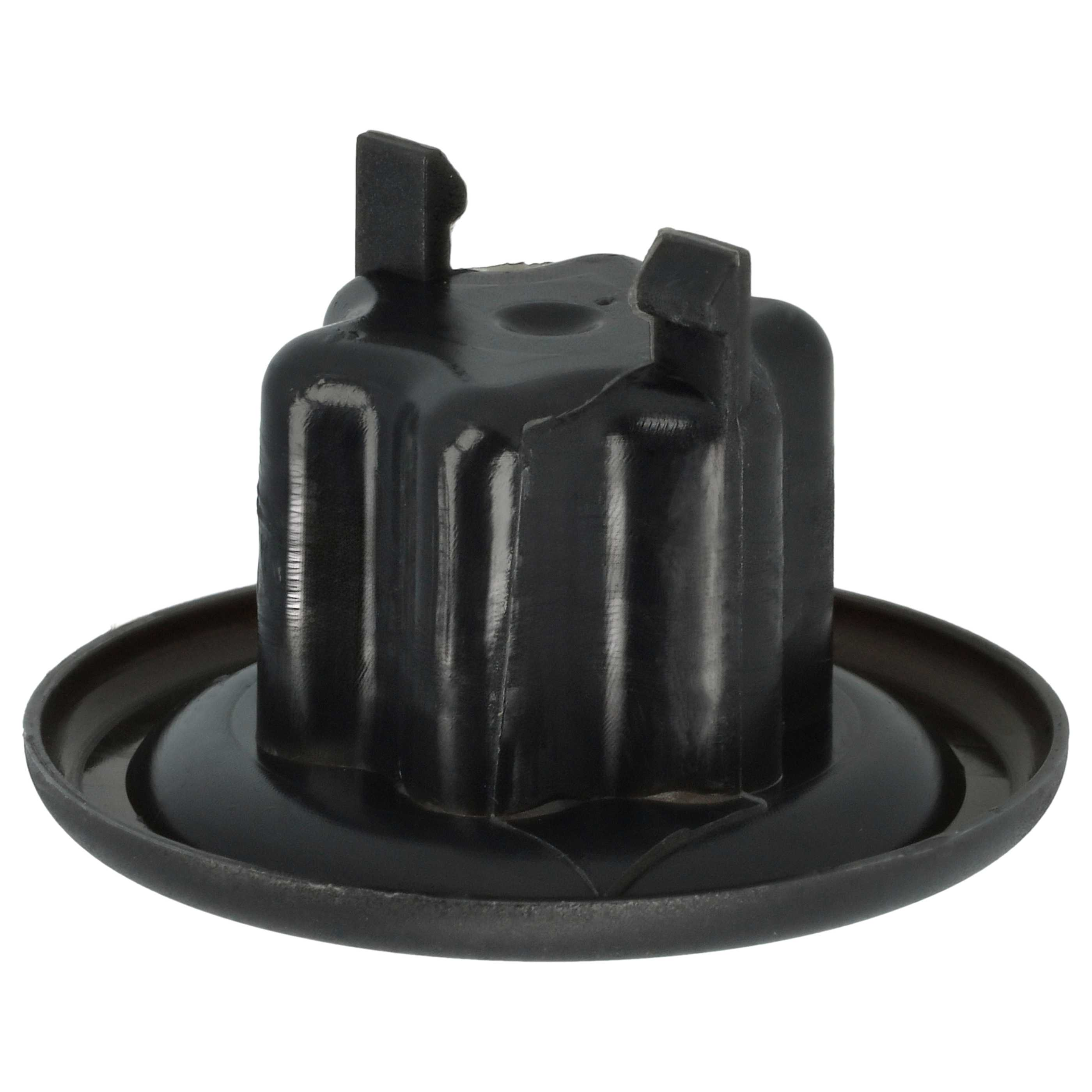 Ein schwarzes Kunststoffteil mit kreisförmiger Basis und einem zentralen, geriffelten, zylindrischen Element.