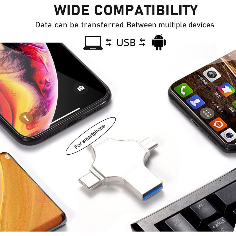 Das Bild zeigt einen USB-Adapter, der mehrere Geräte verbindet. Smartphones und eine Tastatur sind sichtbar. Text sagt 'Wide Compatibility'.