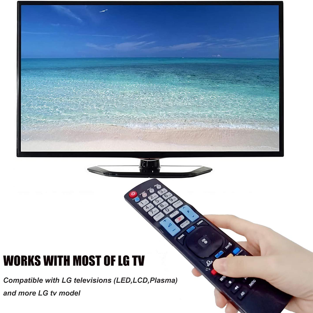 Ein Fernseher zeigt eine Strandszene. Eine Hand hält eine Fernbedienung. Text: Funktioniert mit den meisten LG-Fernsehern.