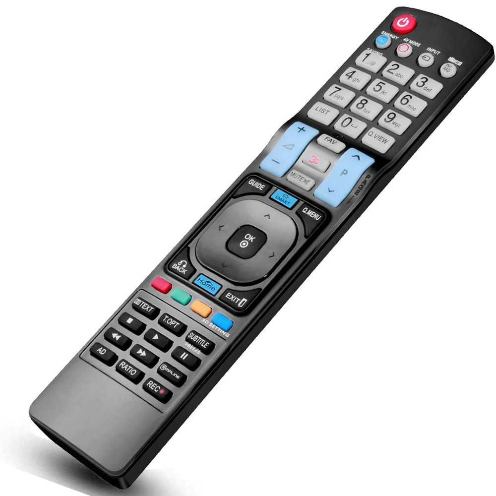 Eine schwarze LG-TV-Fernbedienung mit verschiedenen Tasten, einschließlich Zahlen, Lautstärke und Menü. Sie ist auf einer weißen Oberfläche abgewinkelt.