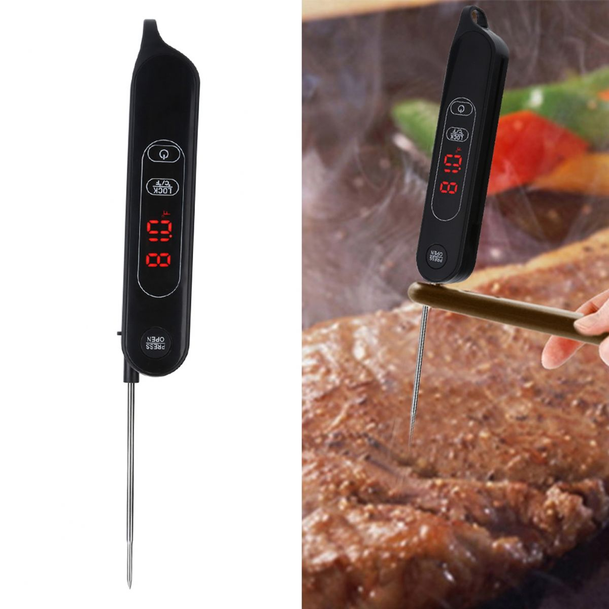 Ein schwarzes digitales Fleischthermometer zeigt 81,0 Grad Fahrenheit an. Es wird in ein Stück gebratenes Fleisch gesteckt, Dampf im Hintergrund.
