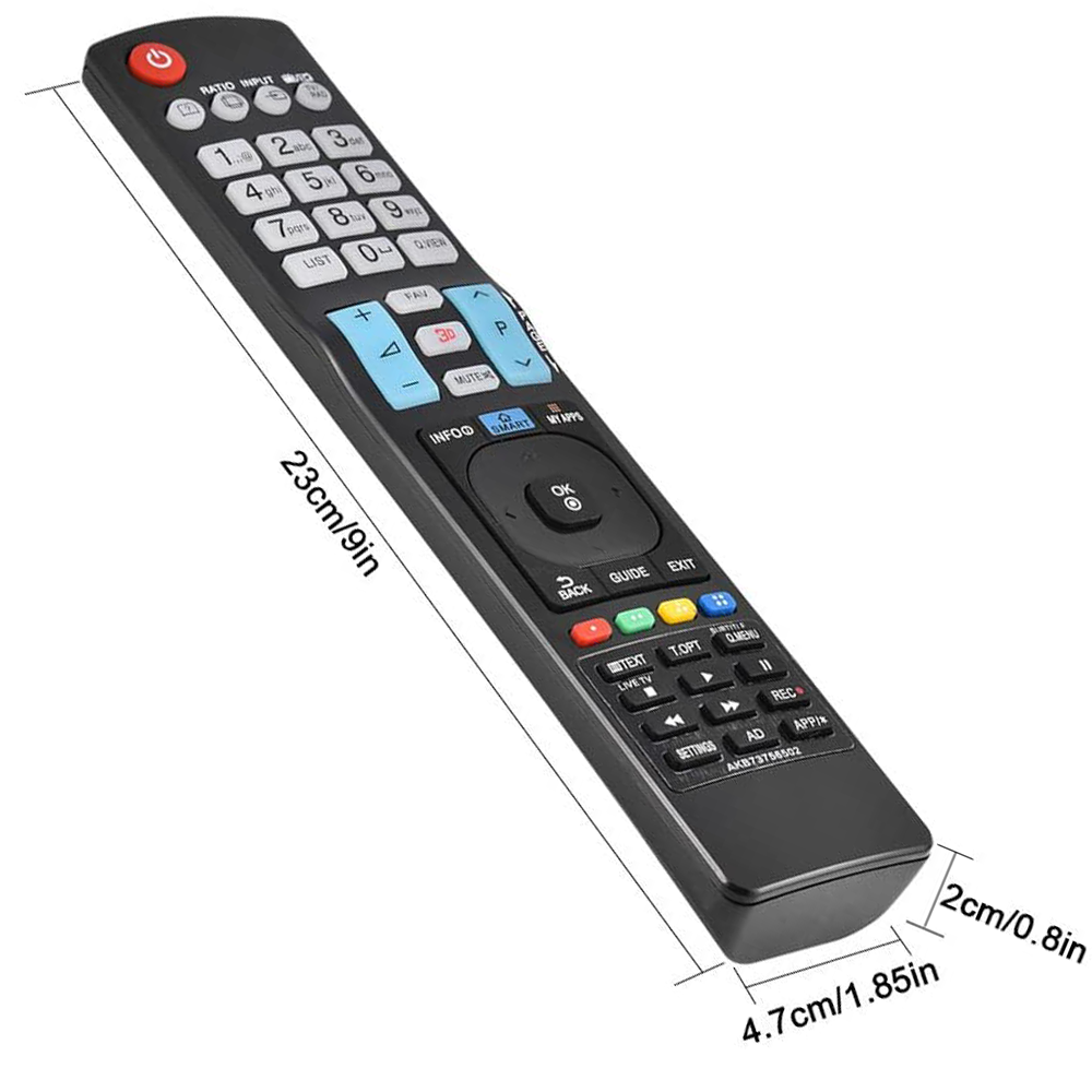 Eine schwarze TV-Fernbedienung mit weißen und blauen Tasten. Sie hat Zahlen und Text für verschiedene Funktionen, mit Maßangaben.