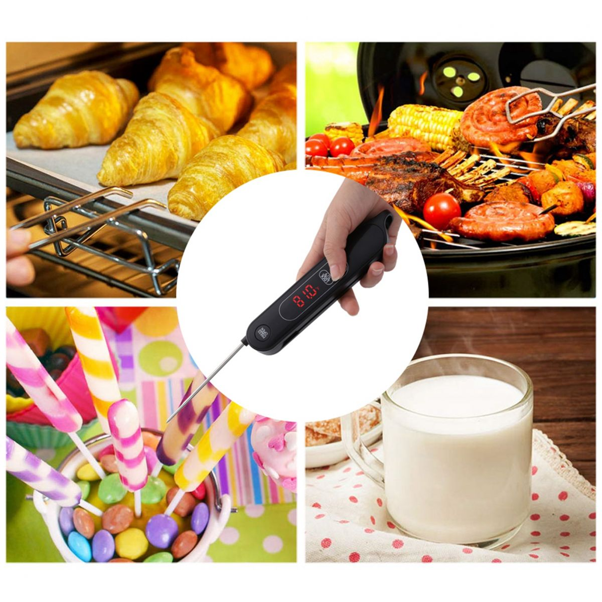 Eine Collage mit Thermometer, kochendem Essen, darunter Croissants, Grillfleisch, Lutscher, Süßigkeiten und ein Glas Milch.