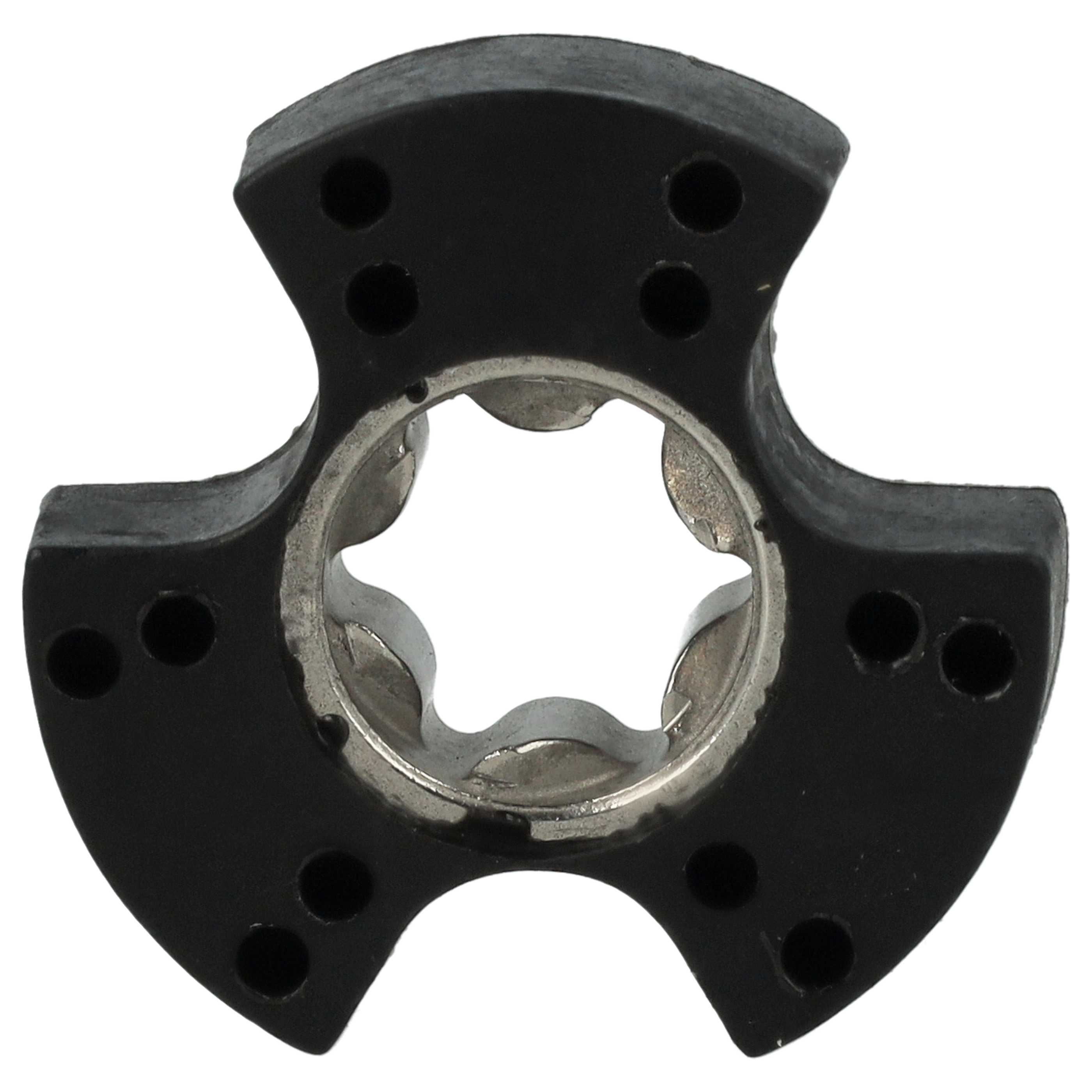 Ein schwarzes Gummiteil mit sternförmiger Mitte und mehreren Löchern. Es hat einen Metallring in der Mitte.