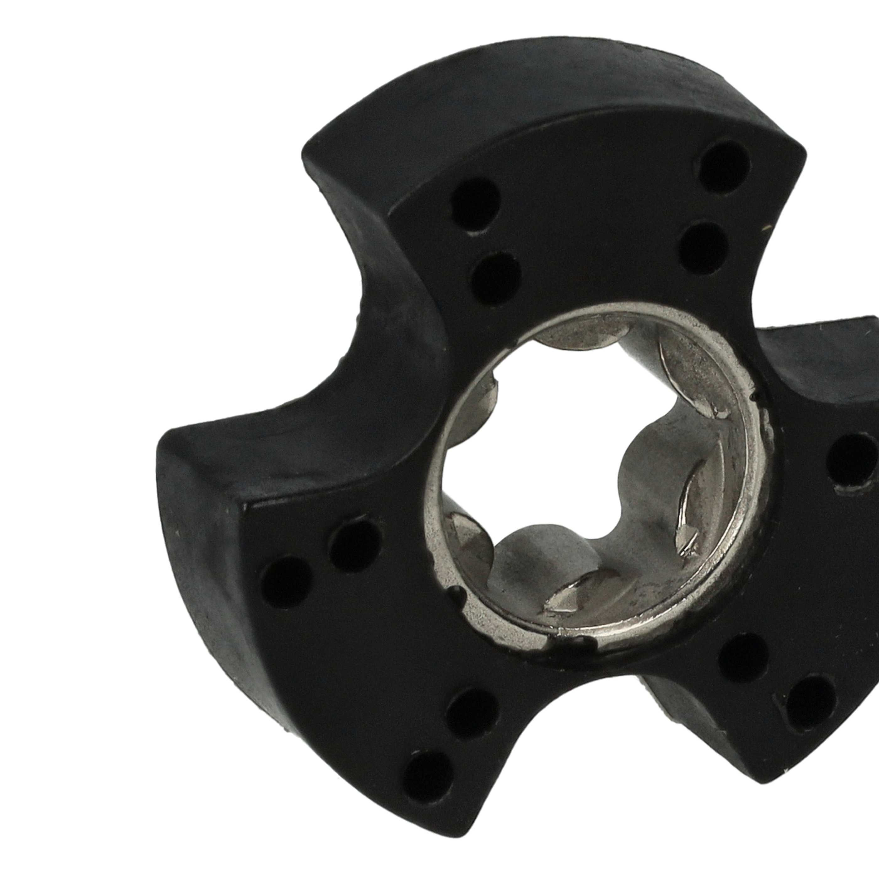 Eine schwarze Gummi-Kupplung mit einem zentralen Metalleinsatz. Sie hat eine sternförmige Form mit Löchern.