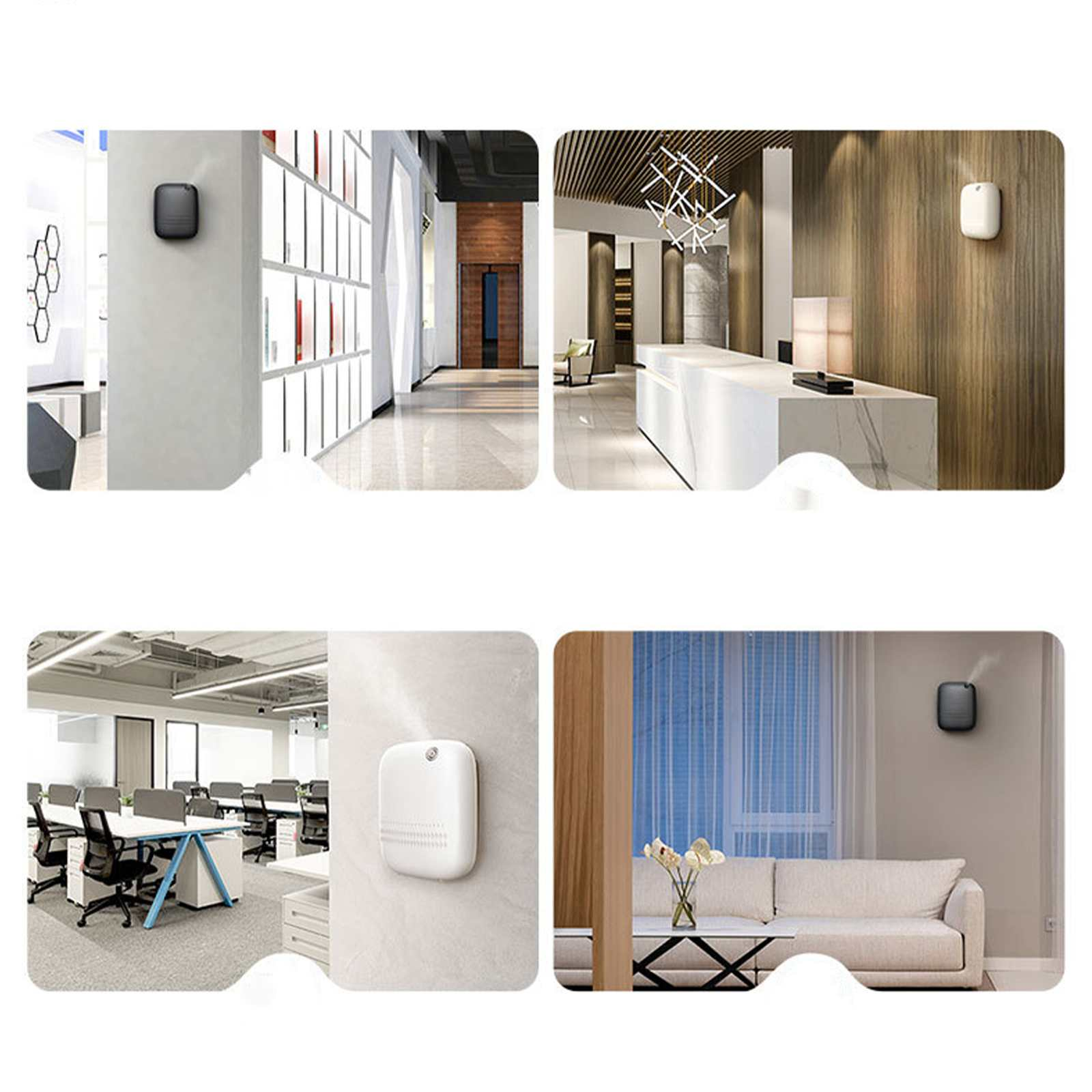 Vier Bilder, die Büros und Räume mit Lufterfrischern an den Wänden zeigen. Verschiedene Designs und Dekore werden gezeigt.