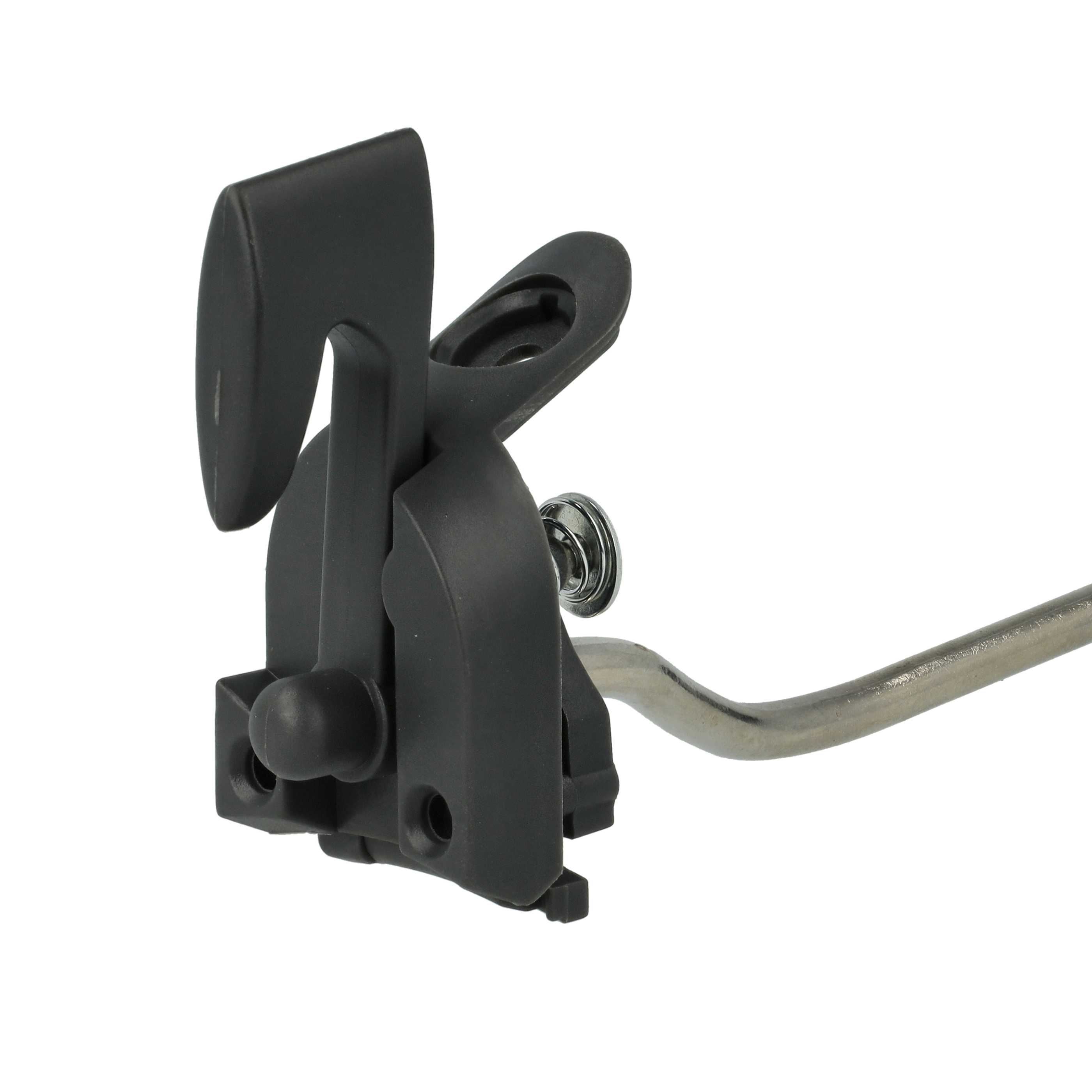Ein schwarzer Kunststoffmechanismus mit einem Metallarm vor weißem Hintergrund. Der Mechanismus hat Kurven und ein rundes Silberteil.