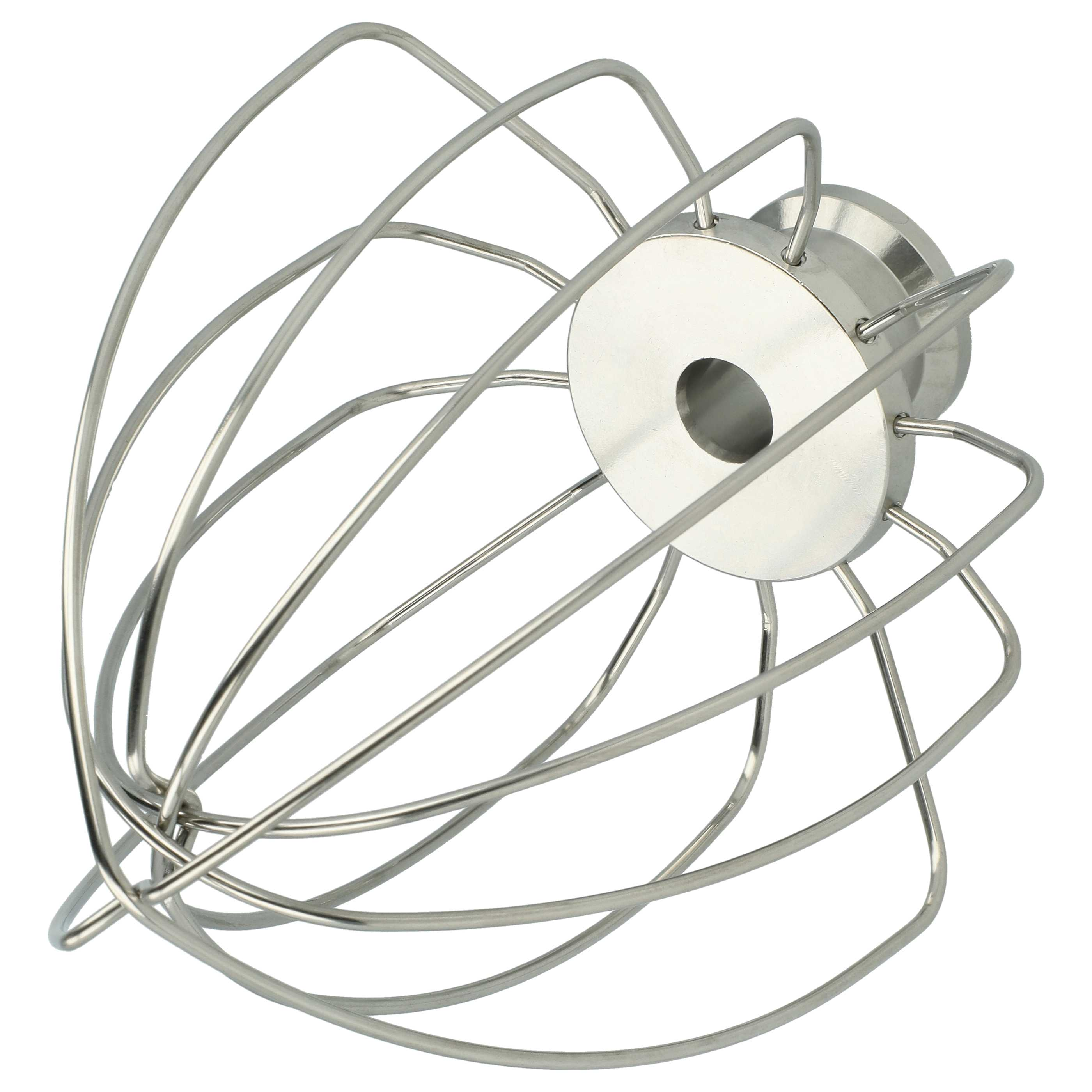 Ein Schneebesen aus Edelstahl mit kreisförmiger Basis und mehreren Drahtschlaufen, isoliert vor weißem Hintergrund.
