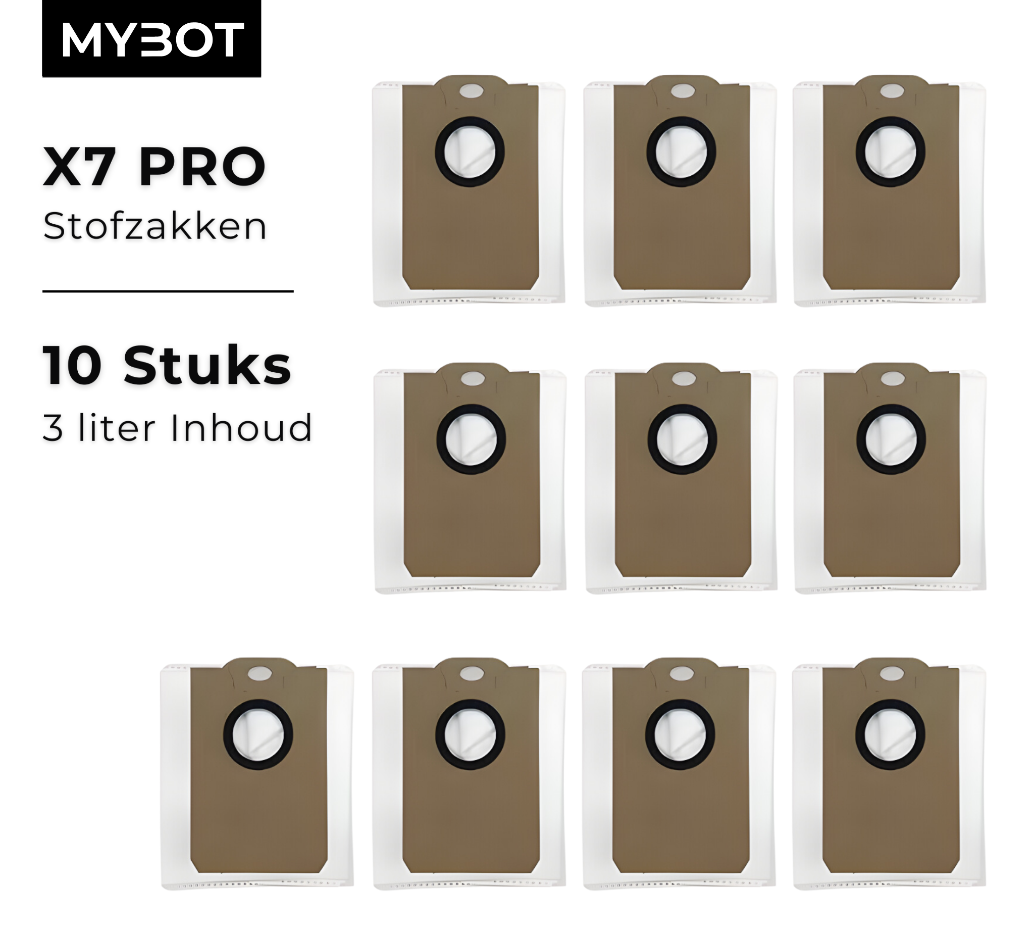 Image shows ten vacuum cleaner bags. Each bag is brown with a black circle and white border.
