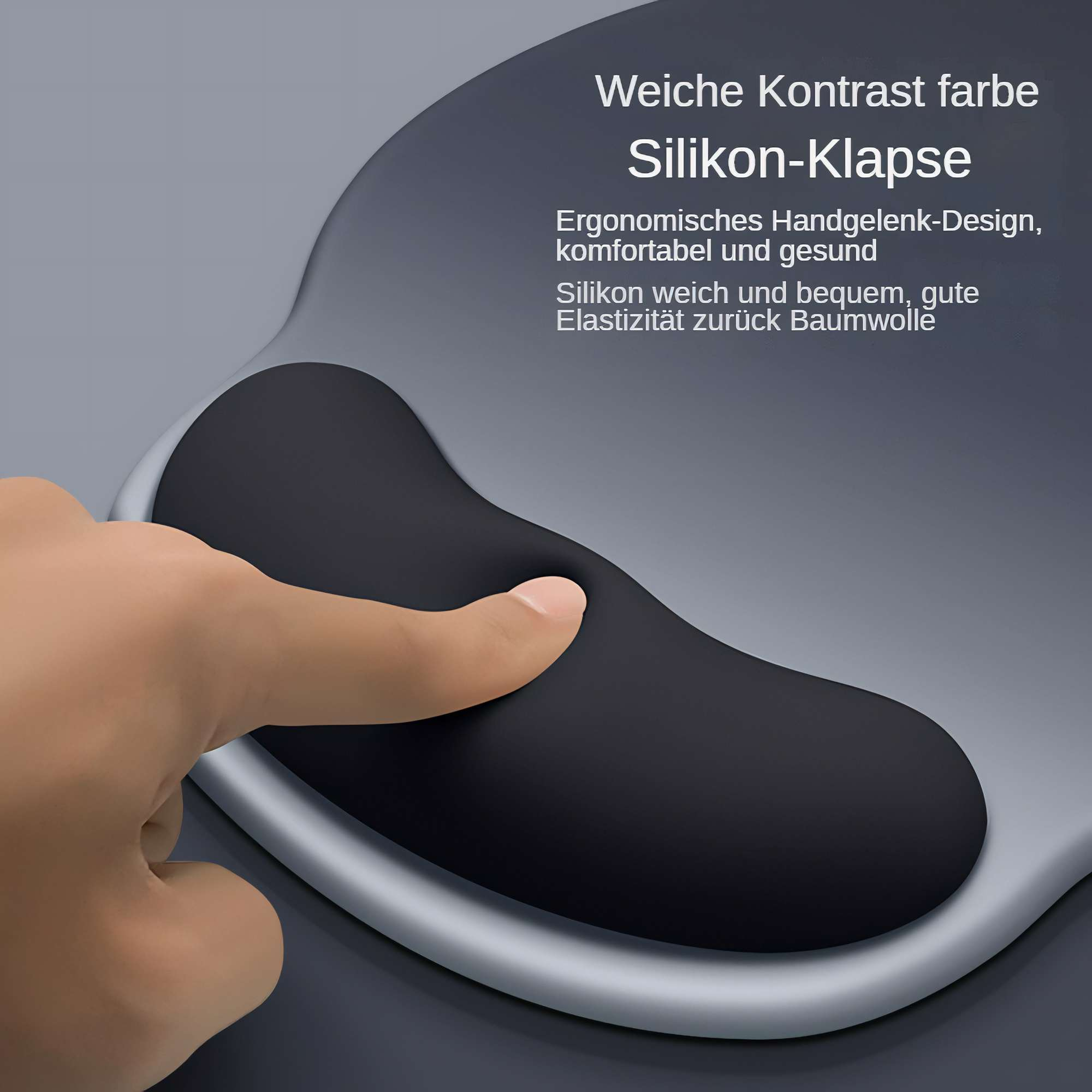 Eine Hand drückt einen Finger in eine schwarze, ergonomische Handgelenkauflage. Text auf Deutsch.