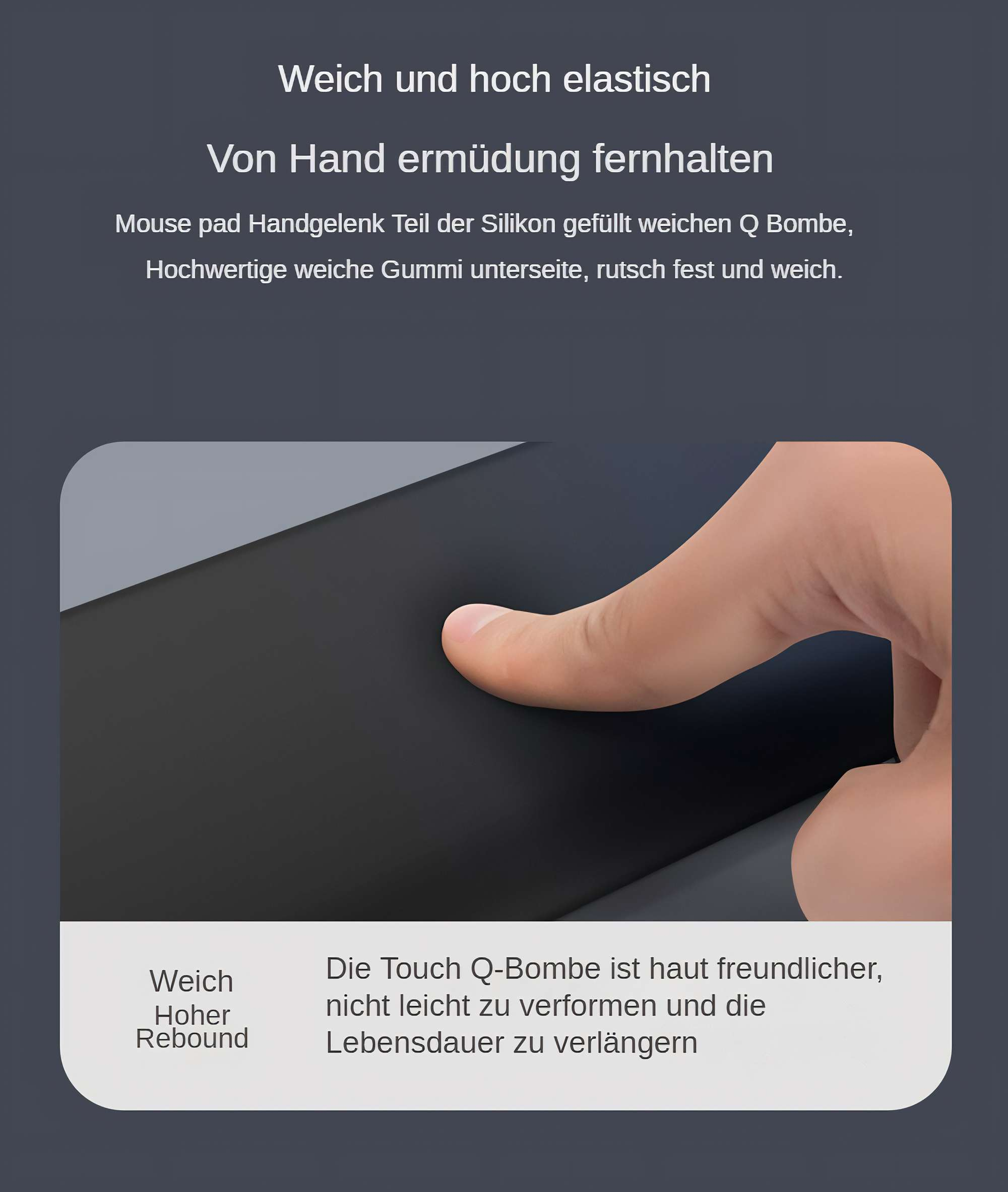 Ein Finger drückt auf ein schwarzes Mauspad, das seine Weichheit zeigt. Der Hintergrund ist grau mit weißem Text.