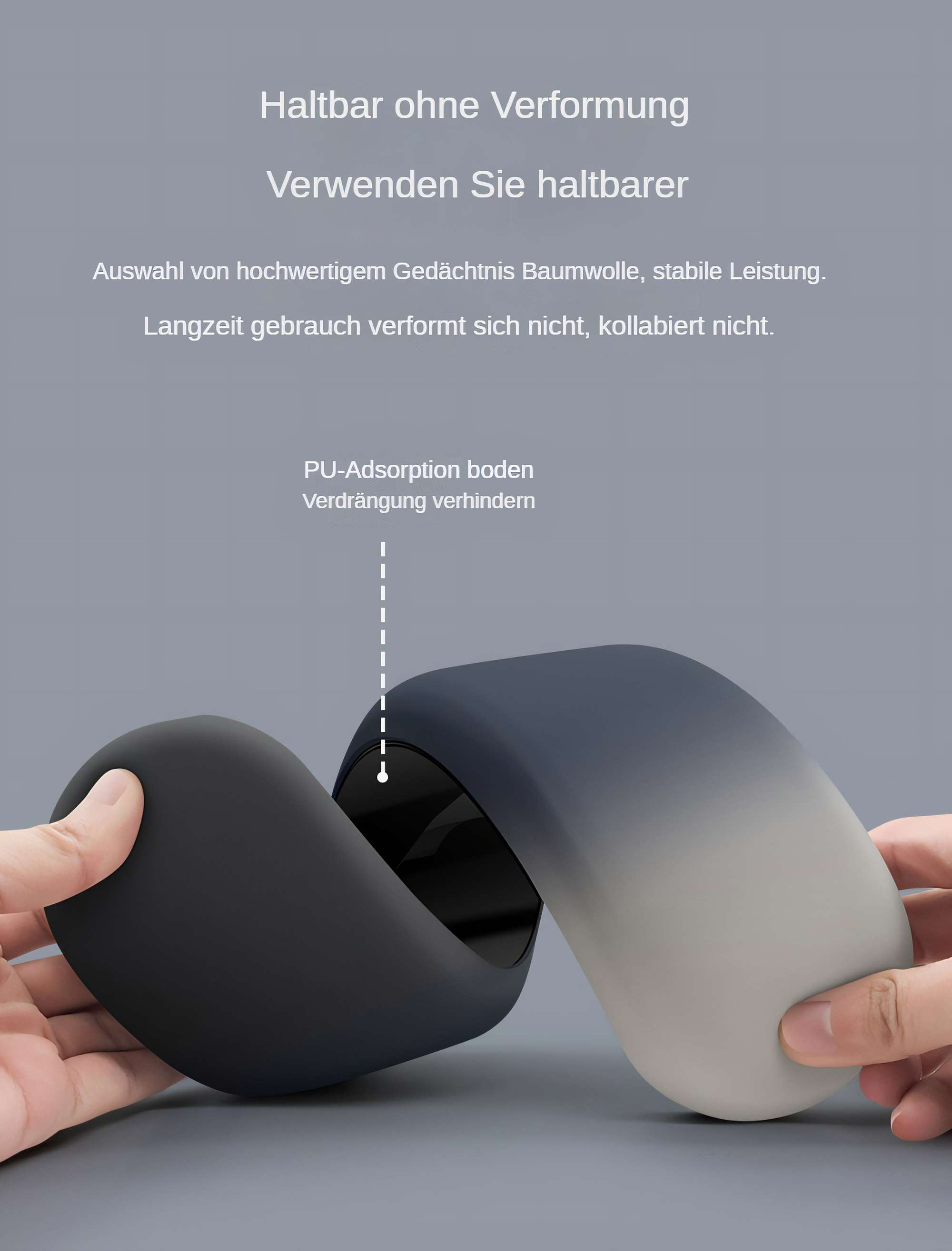 Hände halten ein schwarz-graues gebogenes Objekt. Deutscher Text beschreibt die Produkteigenschaften.