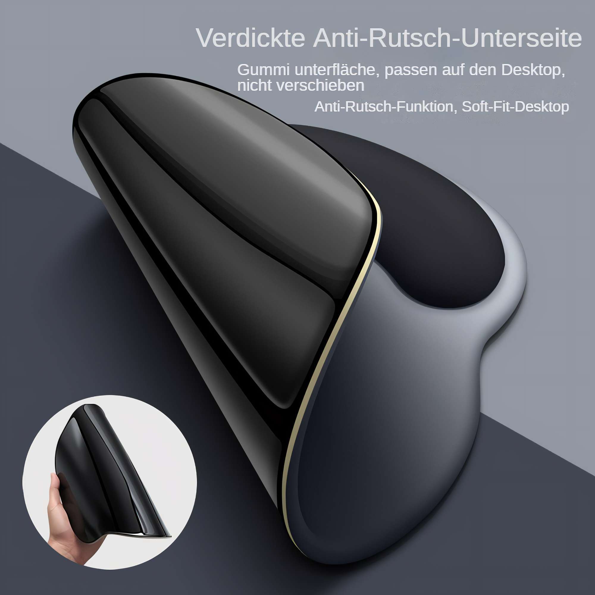 Schwarze ergonomische Handgelenkauflage mit rutschfester Unterseite, auf grauem Untergrund. Eine kleine Version ist sichtbar.