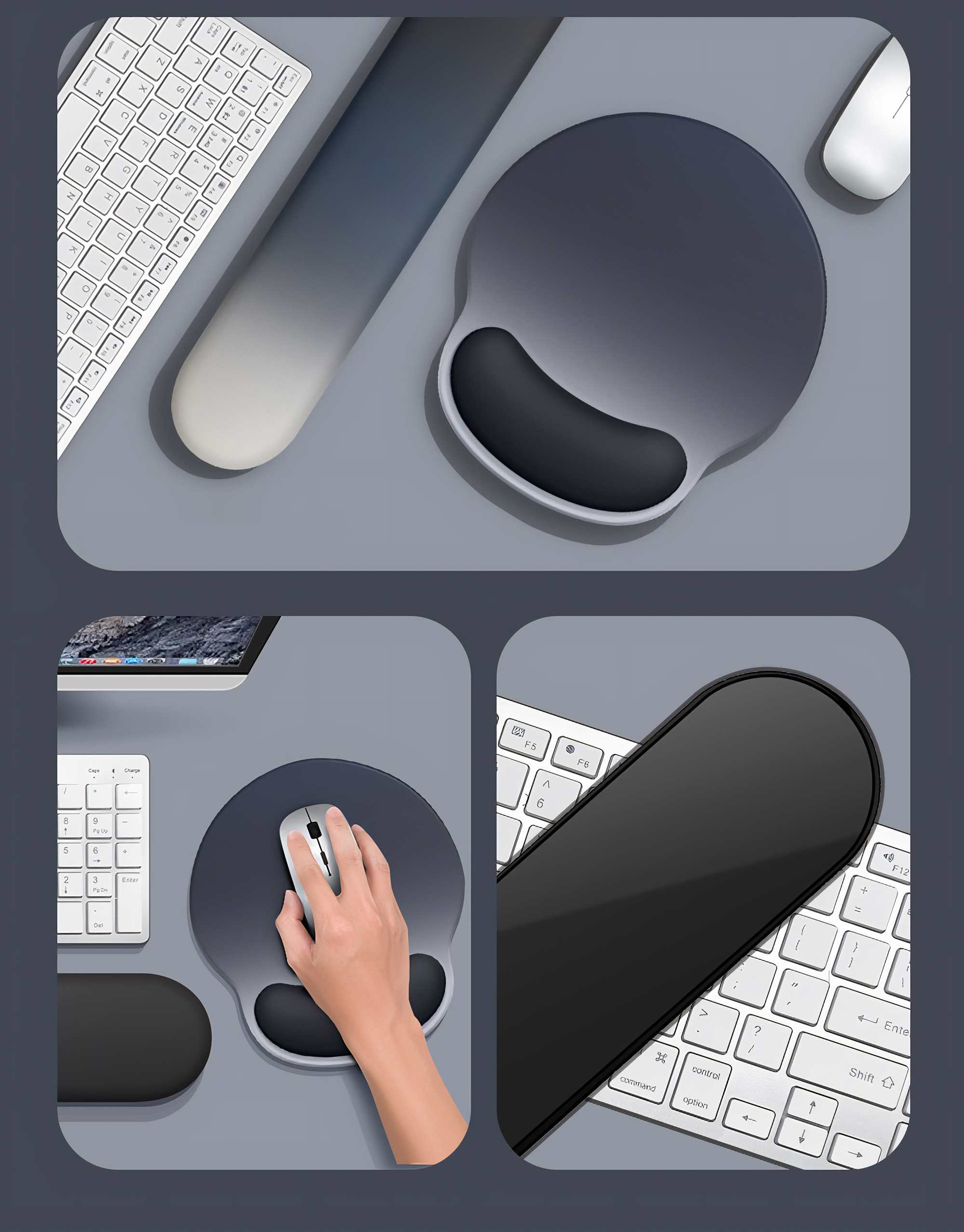 Schreibtisch mit Tastatur, Maus und Mauspad. Eine Hand benutzt die Maus auf dem Mauspads.