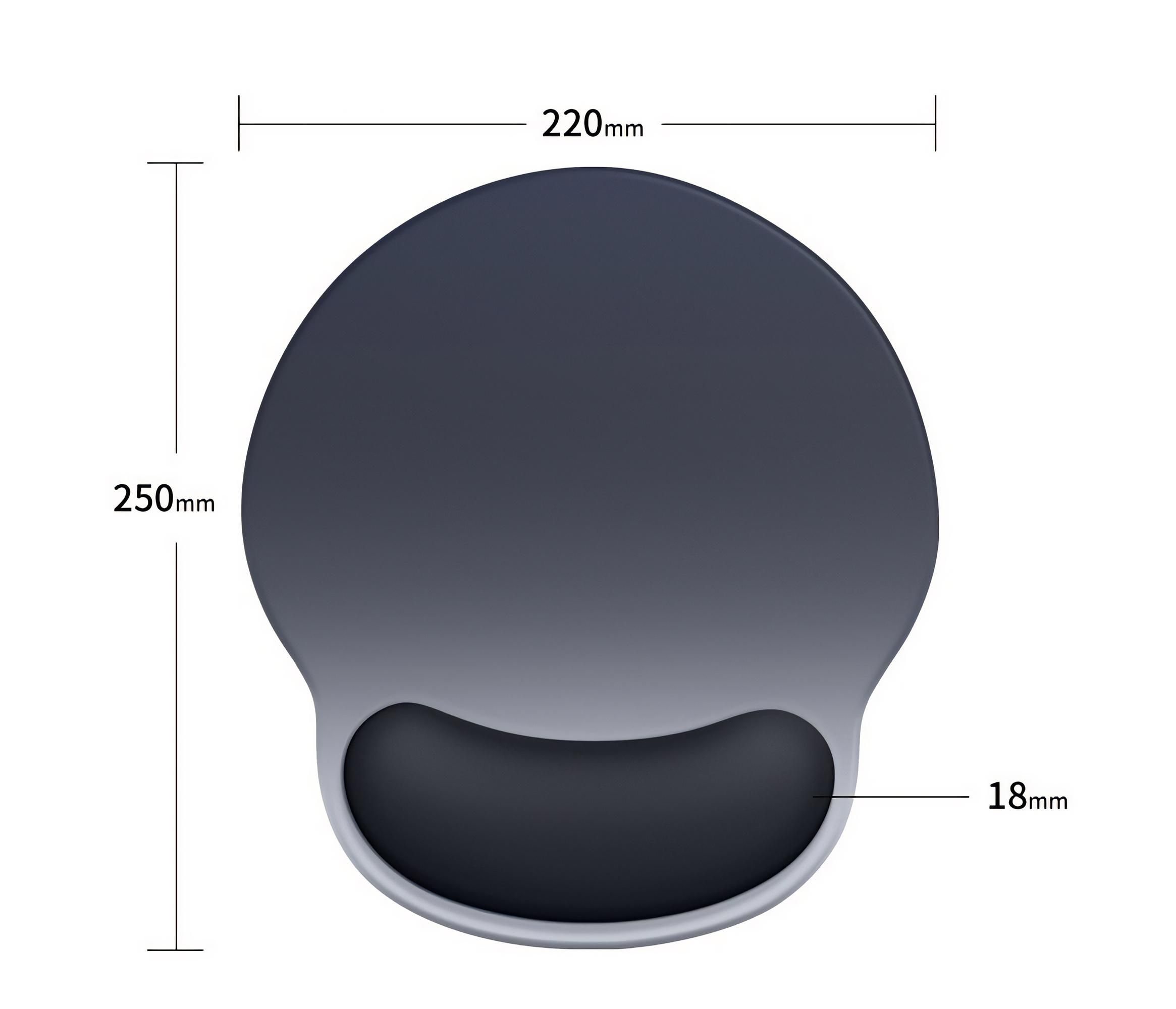 Ein graues Mauspapier mit Handgelenkauflage. Abmessungen: 220 mm breit, 250 mm hoch und 18 mm dick.