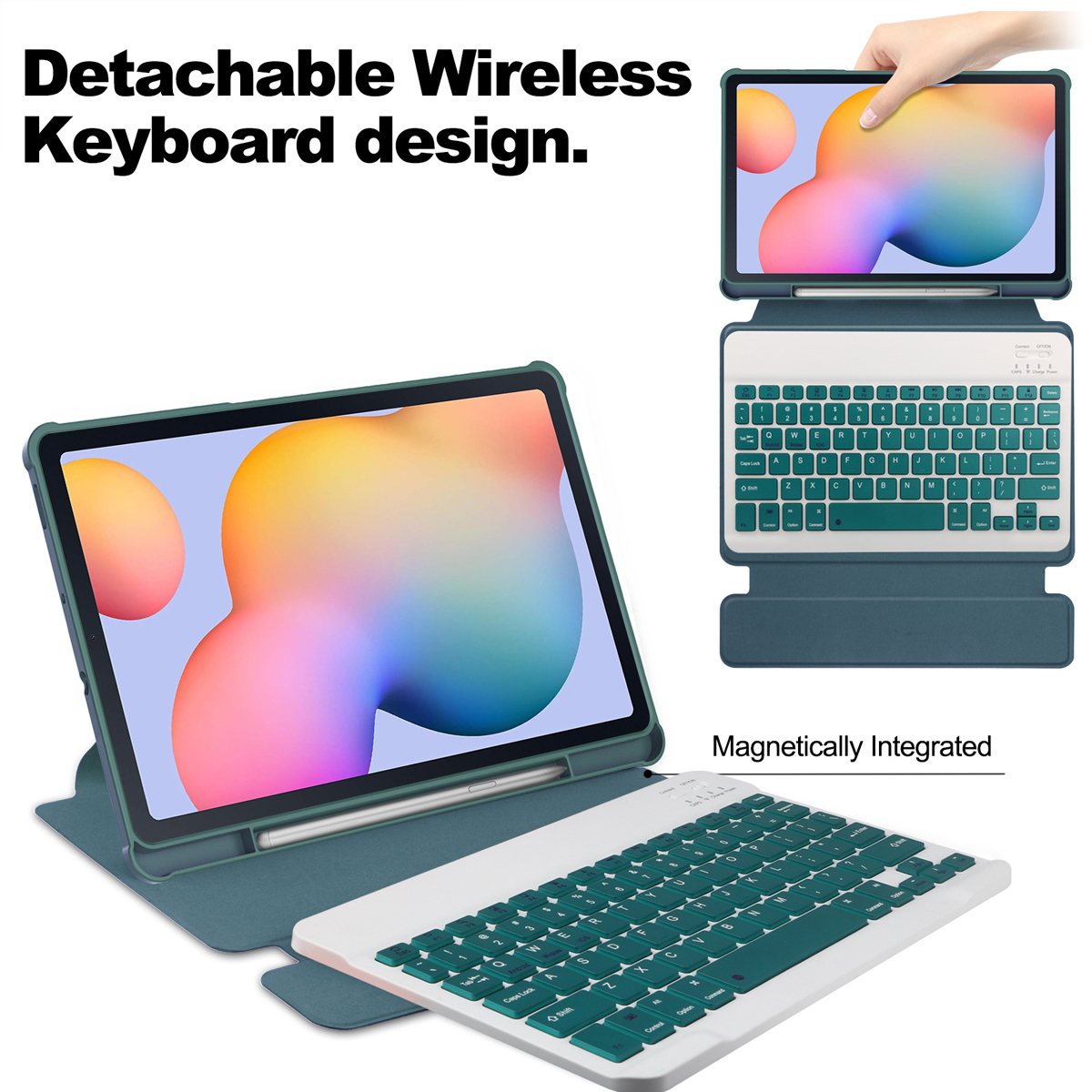 Ein Tablet mit abnehmbarer, kabelloser Tastatur. Die Tastatur hat teal-farbene Tasten, das Tablet ist teal und weiß. Es hat einen Stift.
