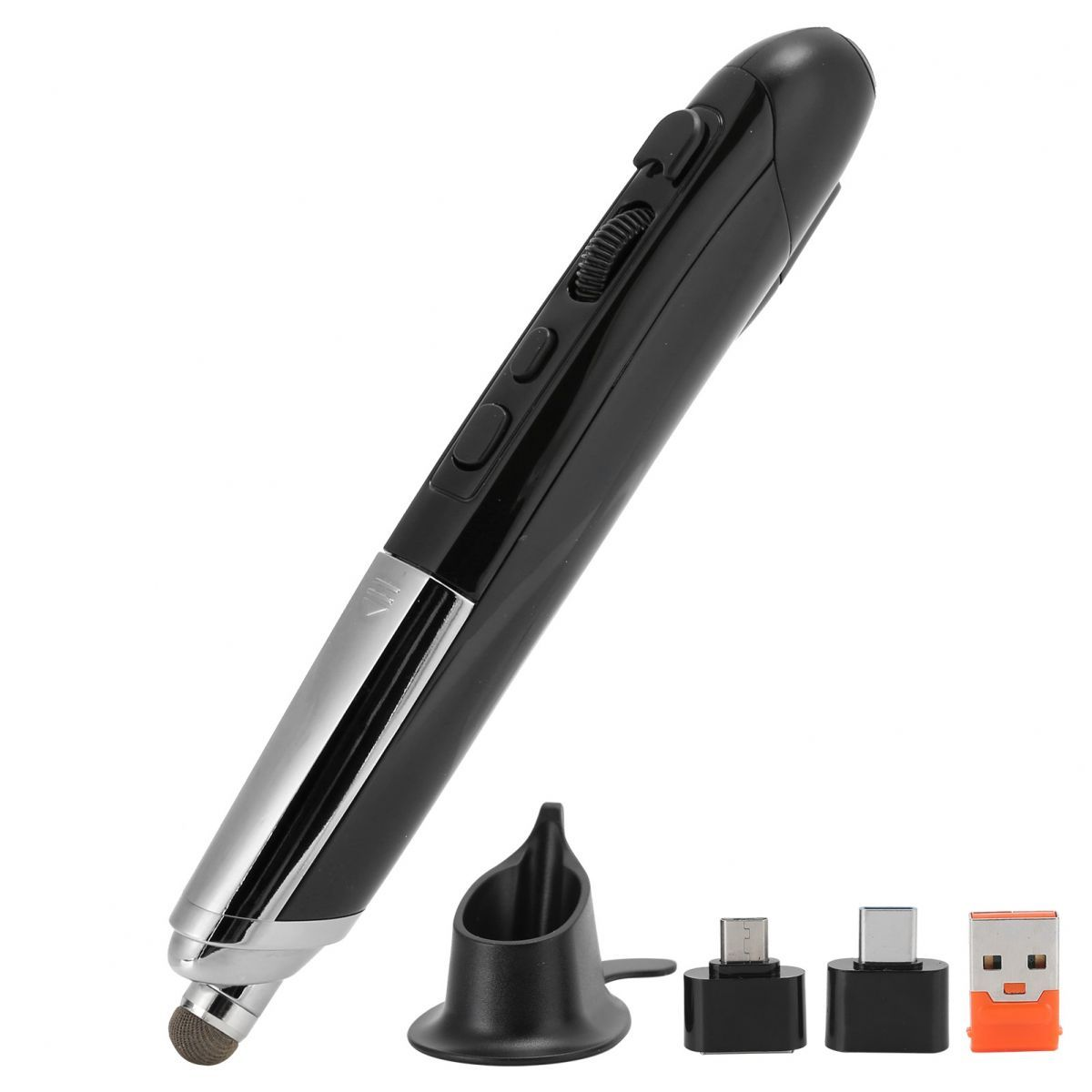 Schwarzer Stift mit silbernen Details, einem Ständer und mehreren USB-Adaptern. Der Stift ist angewinkelt, mit abgerundeter Spitze.