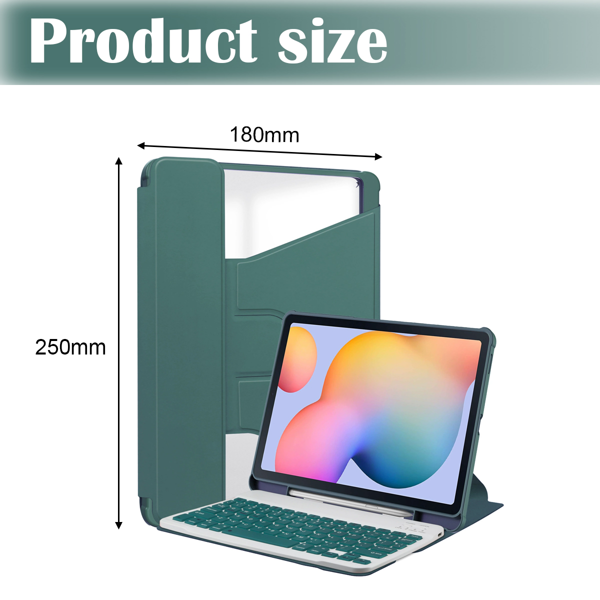 Ein Tablet mit Tastatur und Hülle. Die Hülle ist grün, und der Tablet-Bildschirm zeigt Farben. Abmessungen sind beschriftet: 250 mm x 180 mm.