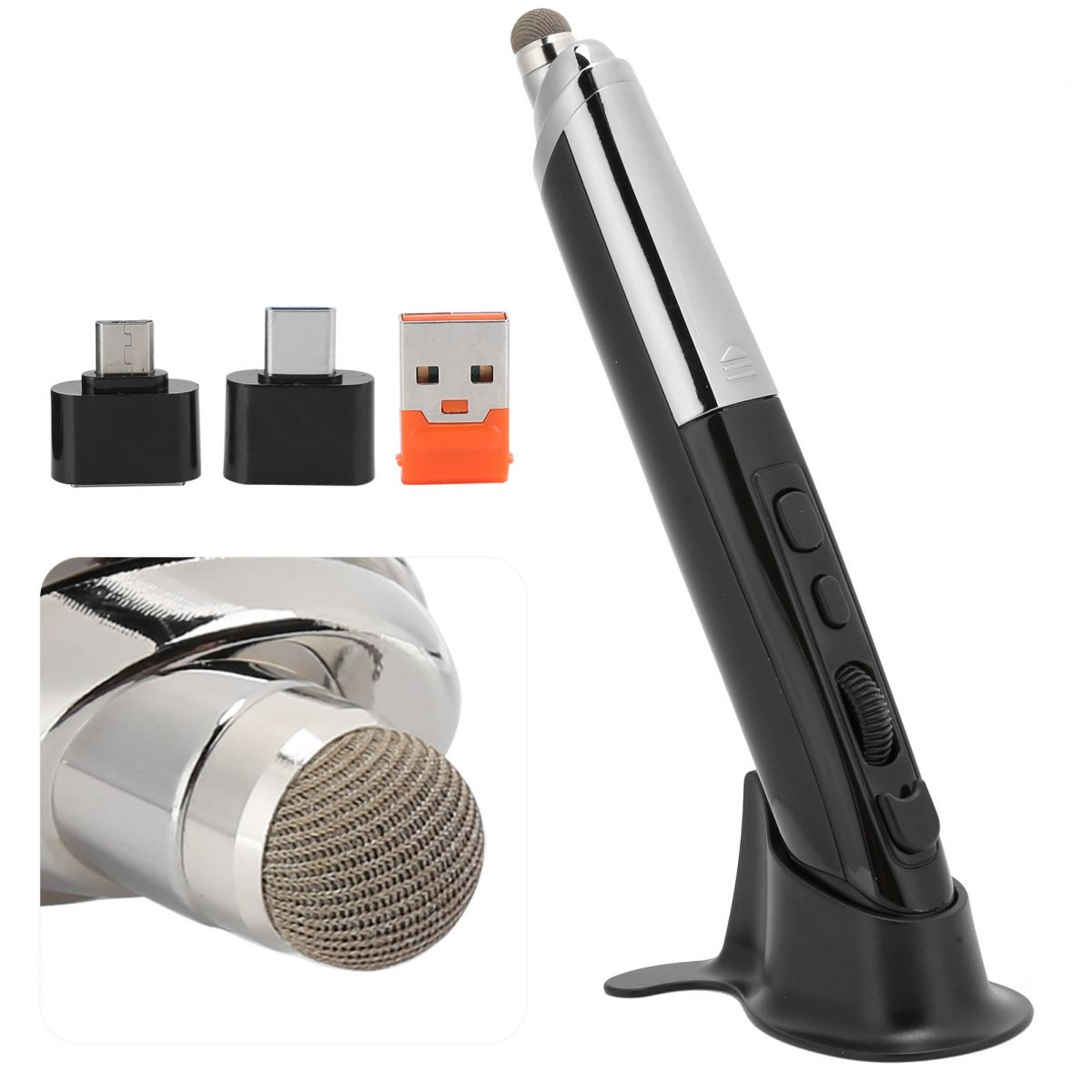 Ein schwarzer und silberner Stift mit Ständer, zusammen mit USB-Adaptern. Eine Nahaufnahme zeigt die Stiftspitze. Die USB-Adapter sind schwarz und orange.