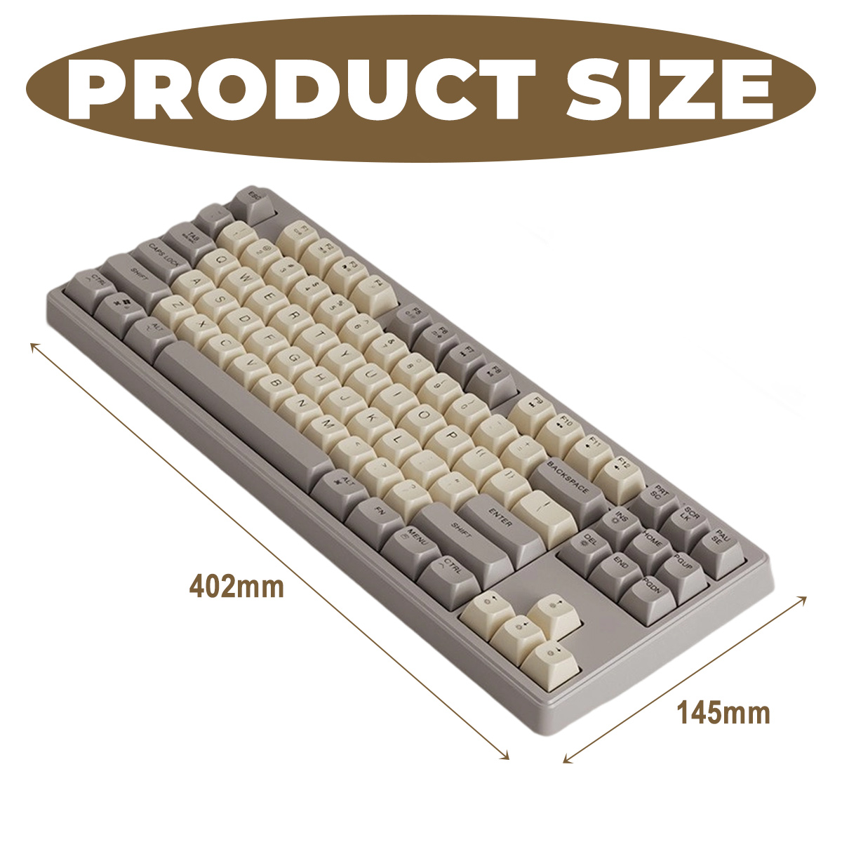 Graue mechanische Tastatur mit beigefarbenen Tasten. Sie hat die Abmessungen 402 mm x 145 mm. Der Text 'PRODUCT SIZE' steht oben.