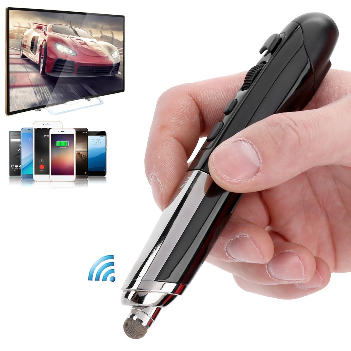 Eine Hand hält einen Stift, mit einem Fernseher, der ein rotes Auto zeigt. Smartphones und ein WLAN-Symbol sind ebenfalls vorhanden.