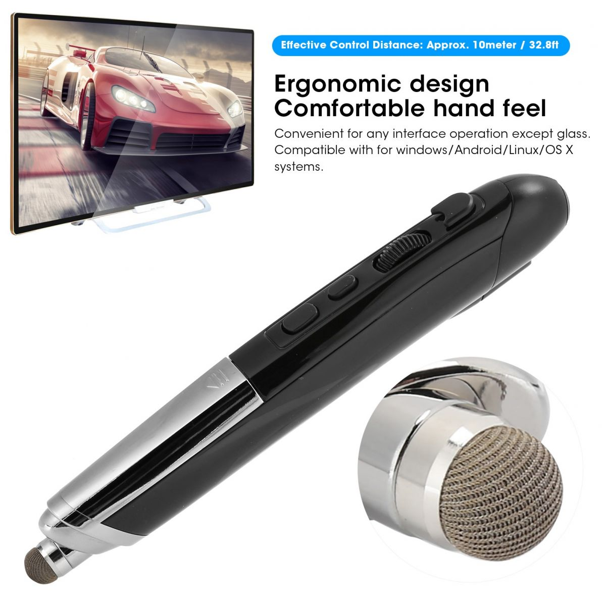 Ein schwarzer und silberner Stift mit einem Bildschirm, der ein rotes Sportauto zeigt. Text erwähnt ergonomisches Design und Kompatibilität.