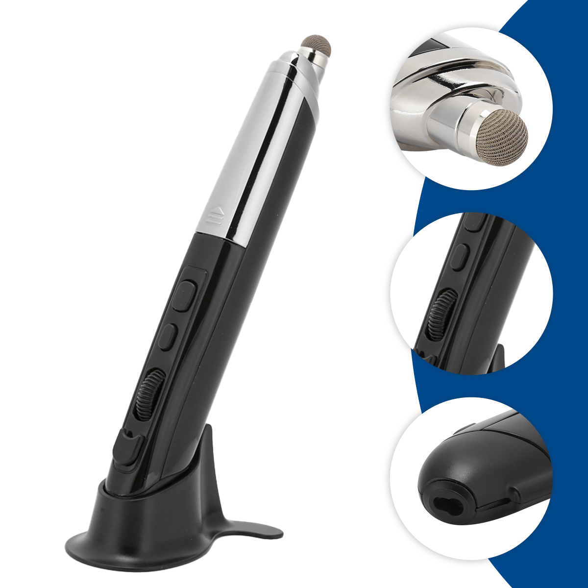 Ein schwarzer und silberner Stift mit Ständer, der Details der Stiftspitze und der Knöpfe zeigt.
