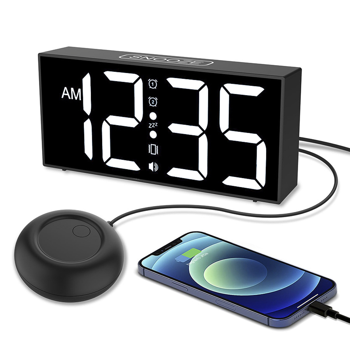 schlafphasenwecker vibration Wecker mit Vibration für Tiefschläfer&Hörgeschädigte, Typ C-Ladegerät,  12/24 H, Lauterwecker mit 7 Earbiges Nachtlicht, Großes LED-Anzeige,  Dimmer,