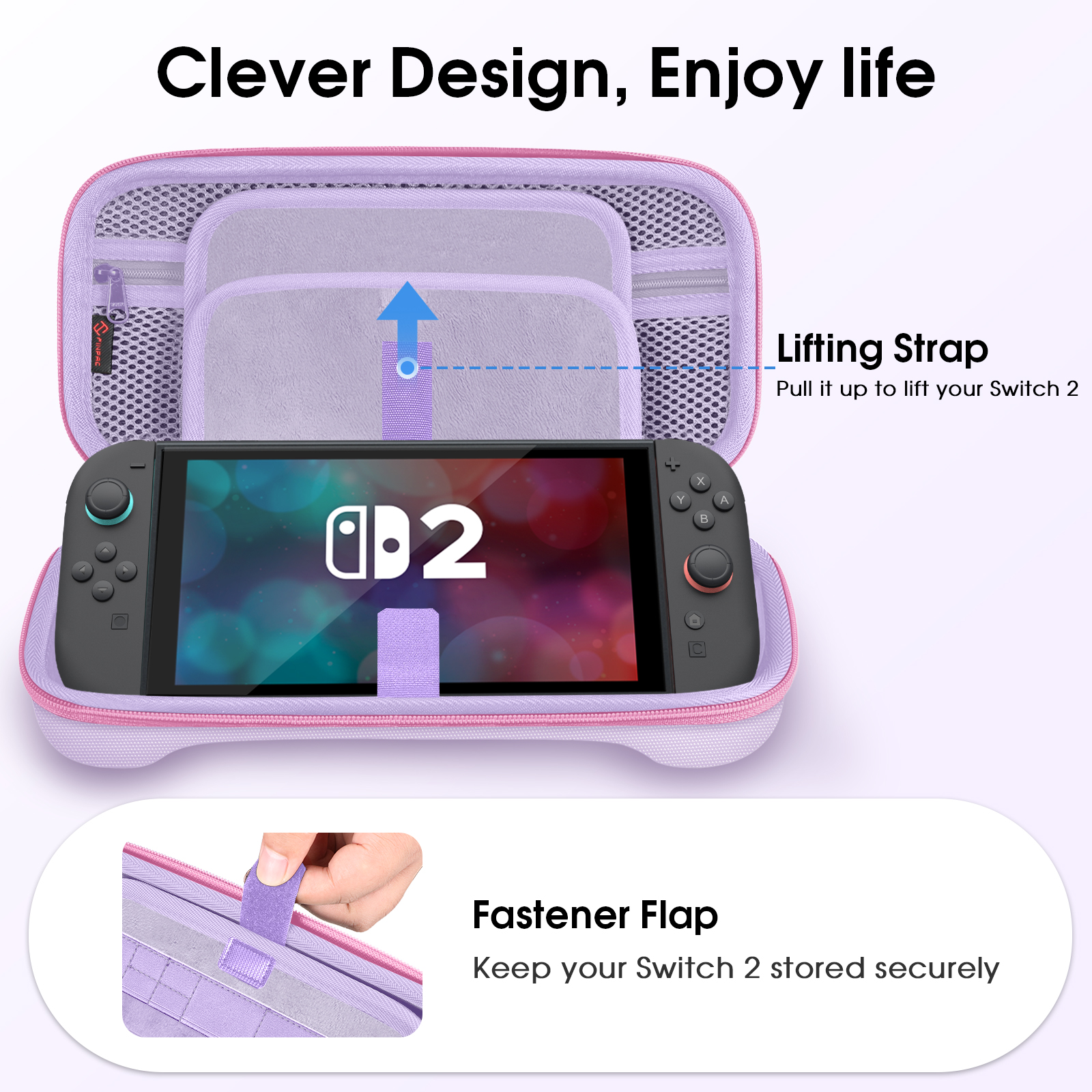 Eine lila Switch 2-Hülle mit einem Switch darin, einem Hebegurt und einer Verschlussklappe. Text lautet 'Clever Design, Enjoy life'.