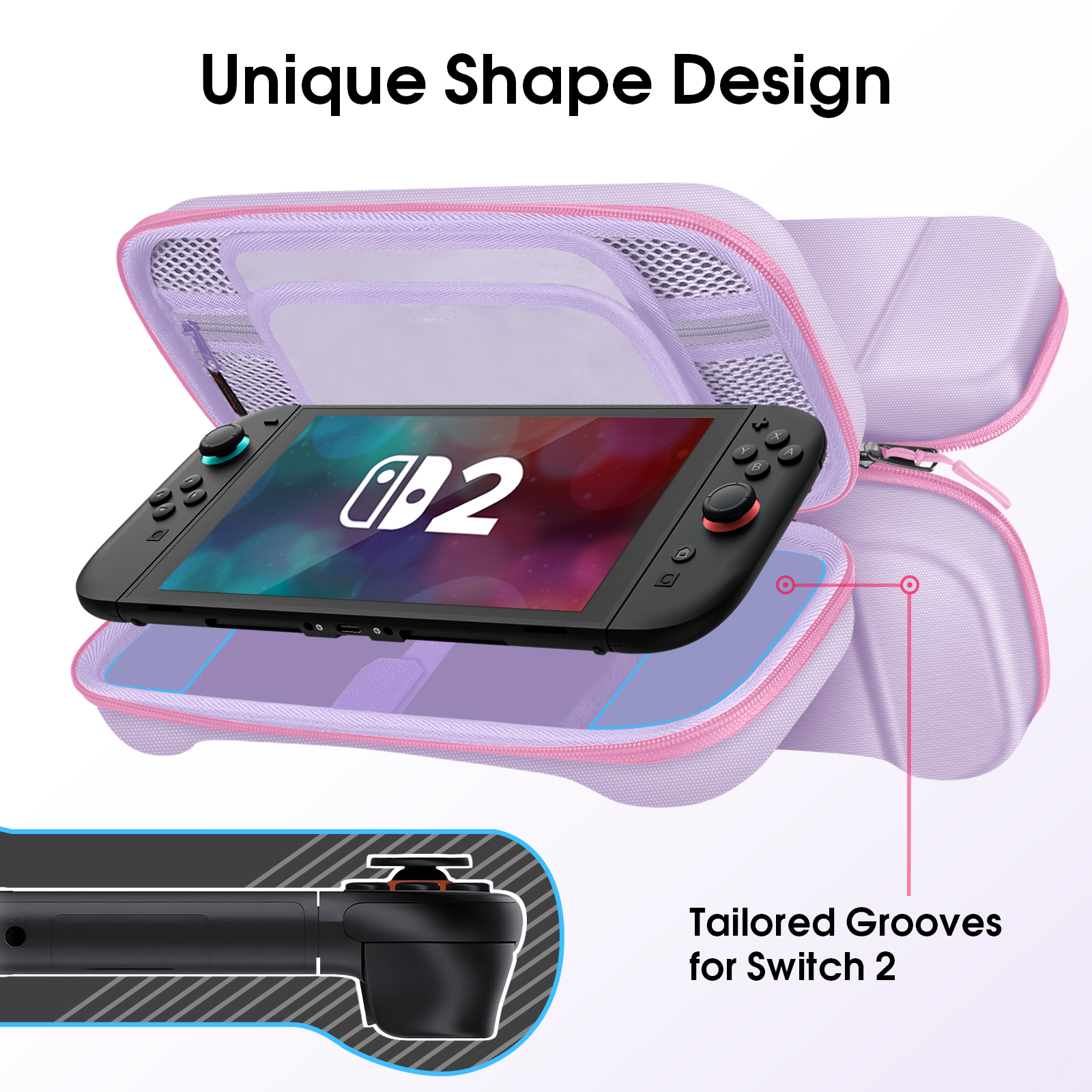 Ein lavendelfarbenes Switch 2-Etui mit einer Konsole im Inneren. Das Etui ist geöffnet und zeigt die Konsole mit schwarzen Controllern. Text: Einzigartiges Design.