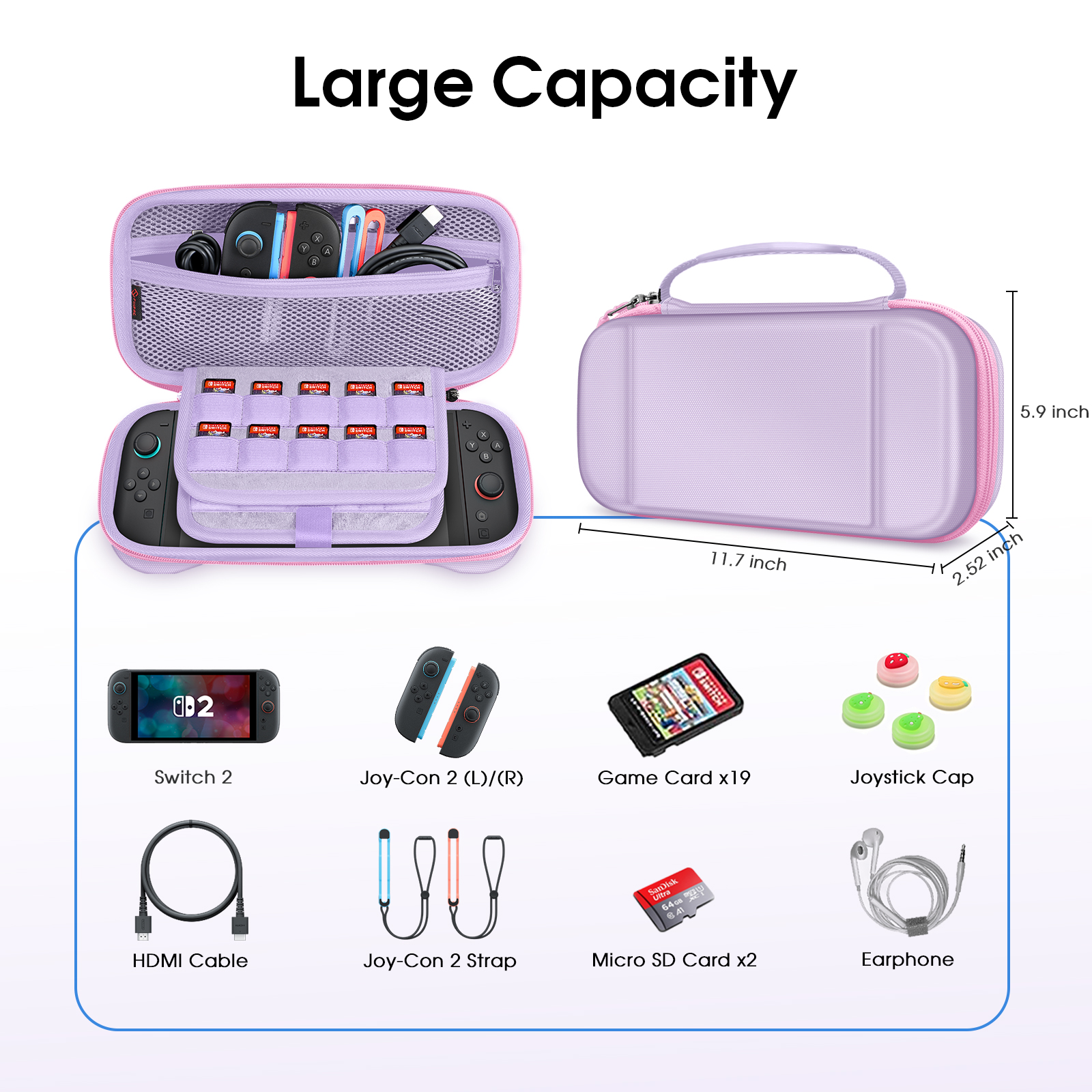 Bild einer lila Switch-Hülle mit Zubehör: Switch, Controller, Spielkarten, Joystick-Kappen, HDMI-Kabel, Riemen, SD-Karten und Kopfhörer.