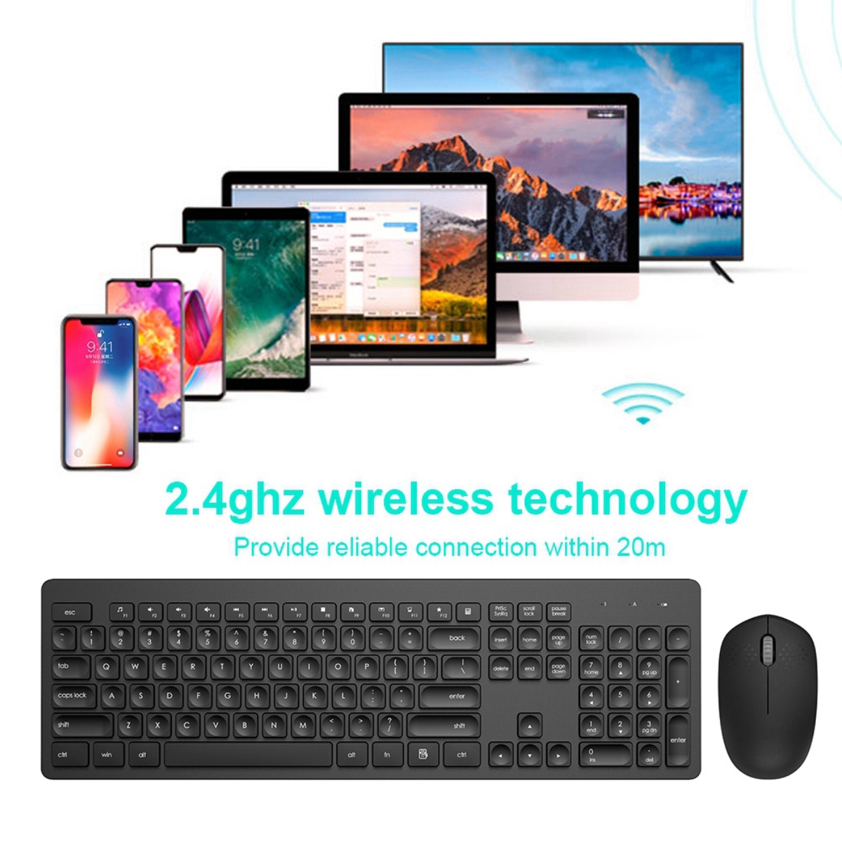 Das Bild zeigt Geräte wie Telefone, Laptops und einen Monitor. Eine drahtlose Tastatur und Maus sind im Vordergrund.