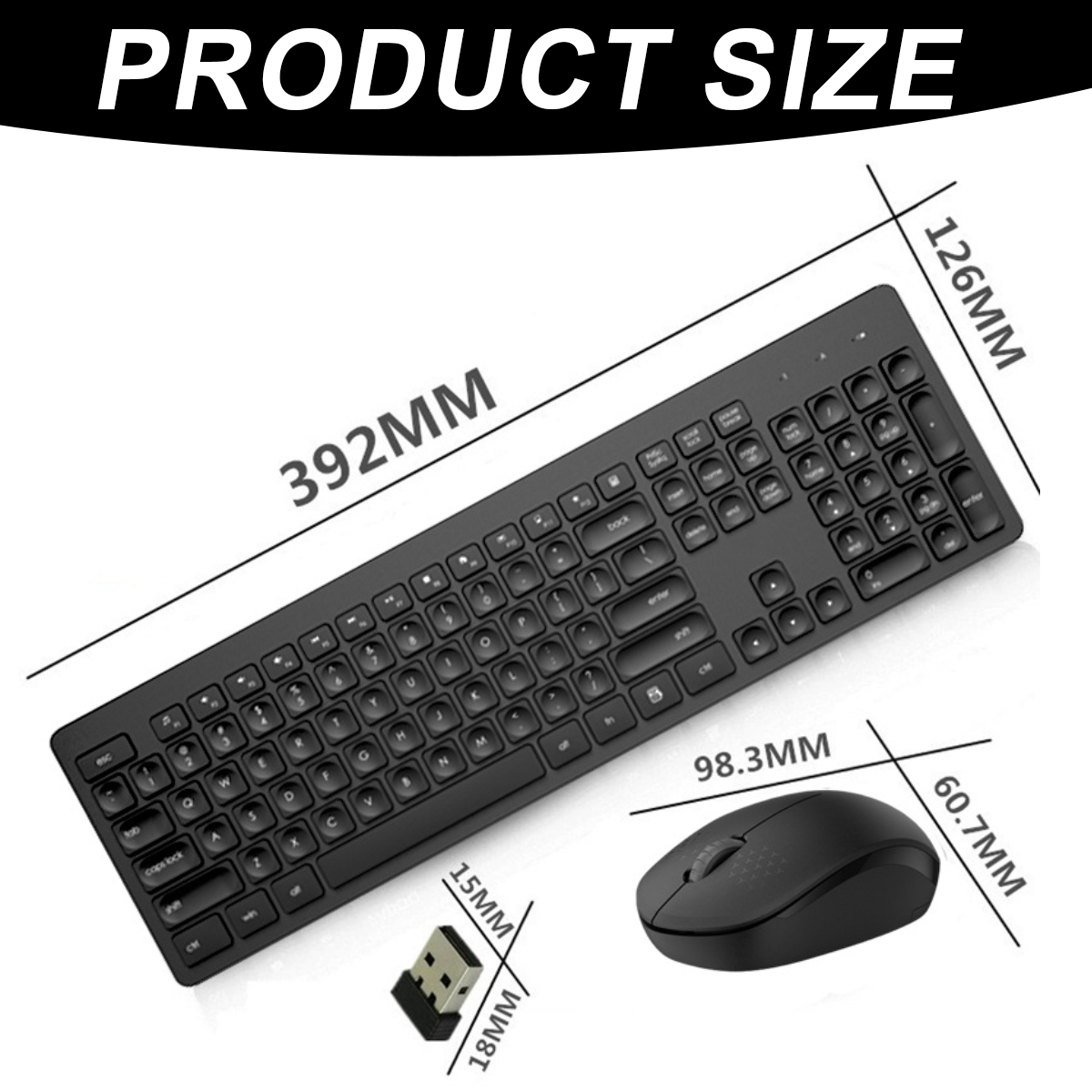 Das Bild zeigt eine schwarze Tastatur, Maus und USB-Empfänger. Abmessungen: Tastatur 392x126mm, Maus 98,3x60,7mm, Empfänger 15x18mm.
