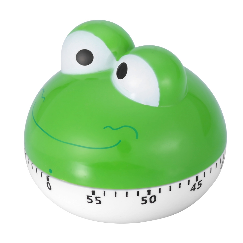Ein froschförmiger Küchentimer. Er ist grün und weiß mit großen Augen und einem lächelnden Gesicht. Der Timer ist auf 55 Minuten eingestellt.