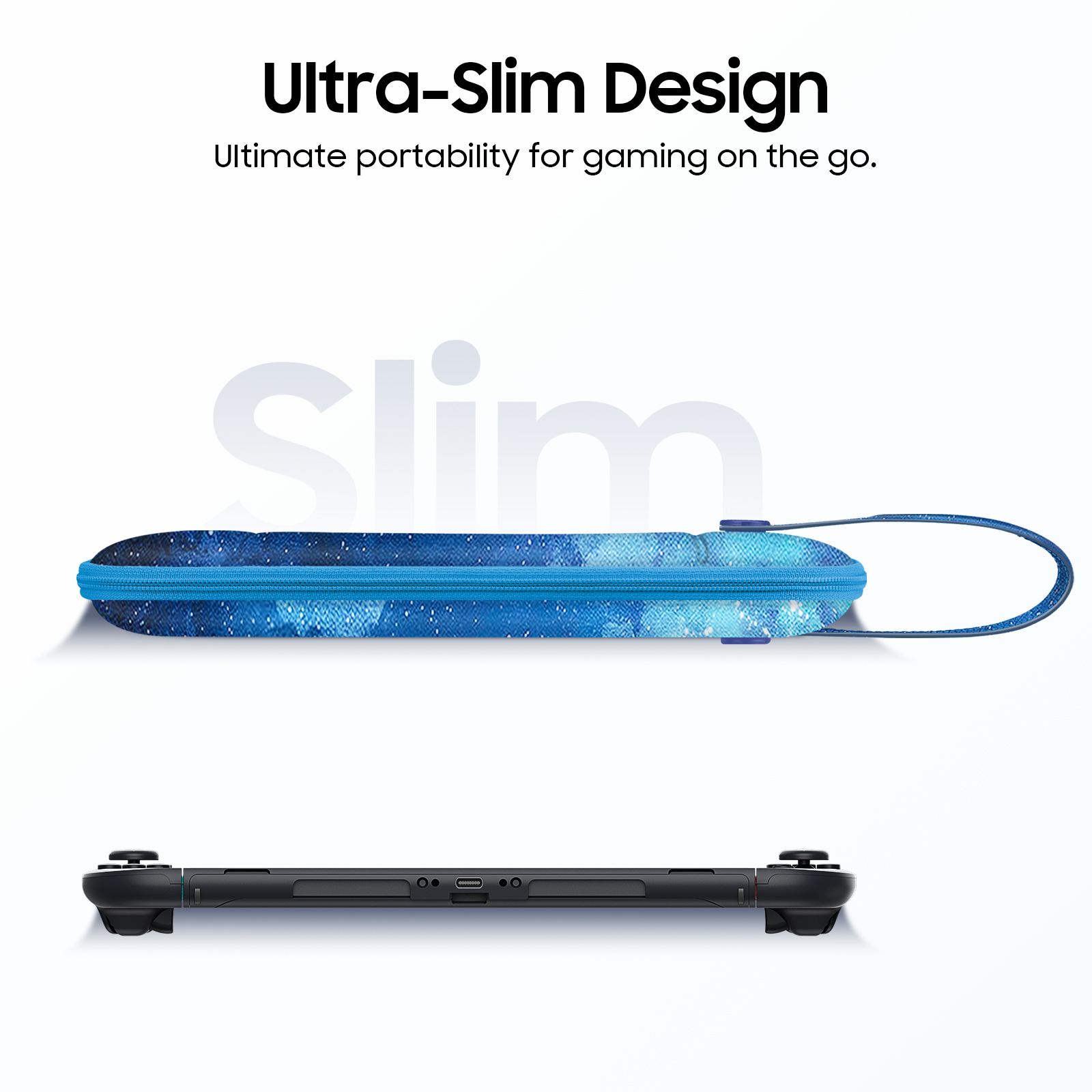 Ein schwarzer Gamecontroller unter einer blauen Hülle, beides auf weißem Grund, Text: Ultra-Slim Design.