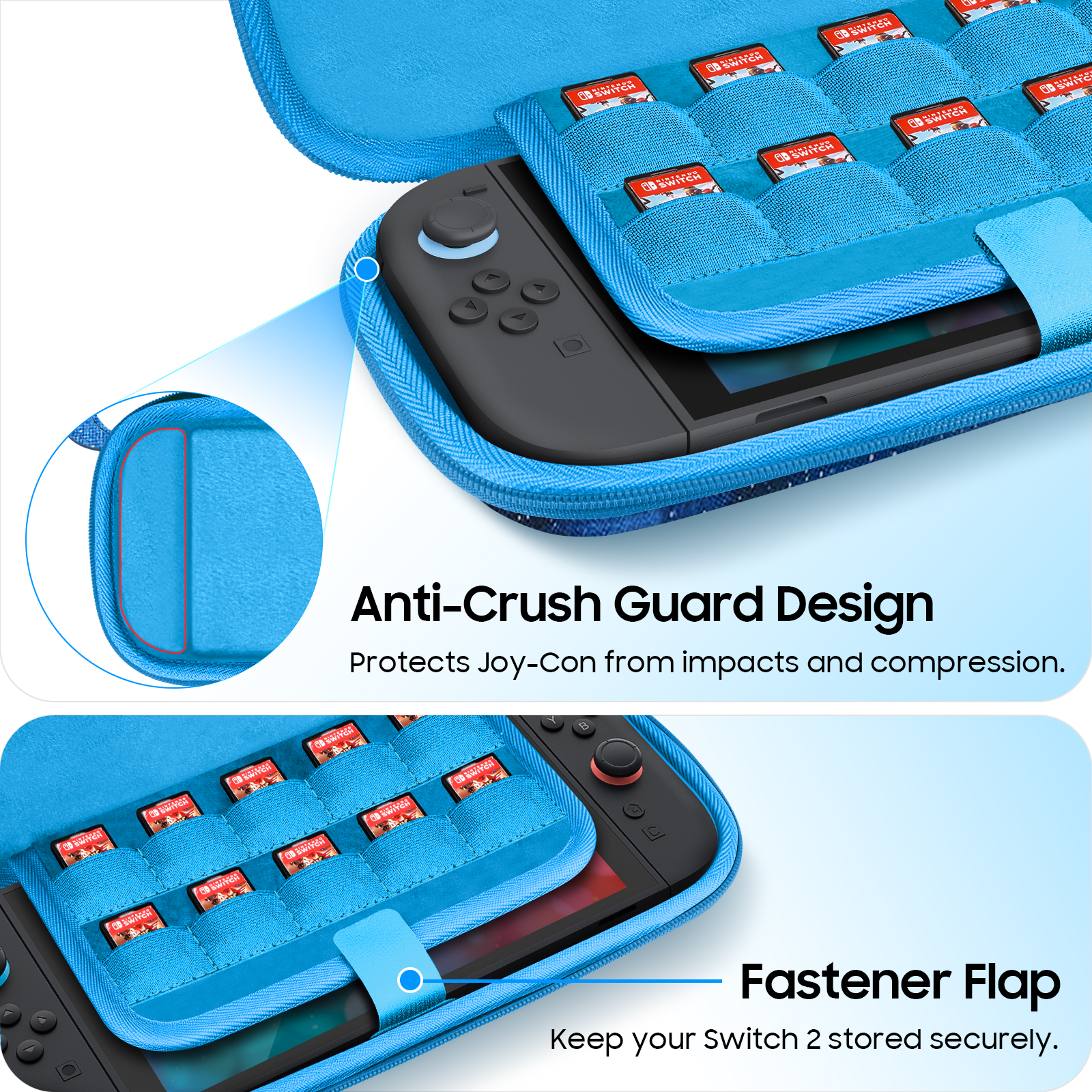 Eine blaue Switch-Hülle ist geöffnet und zeigt eine Switch-Konsole und Spielkassetten. Text hebt 'Anti-Crush Guard Design' und 'Fastener Flap' hervor.